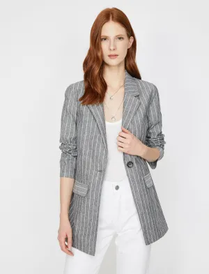 10623 Black One Button Long Striped Jacket