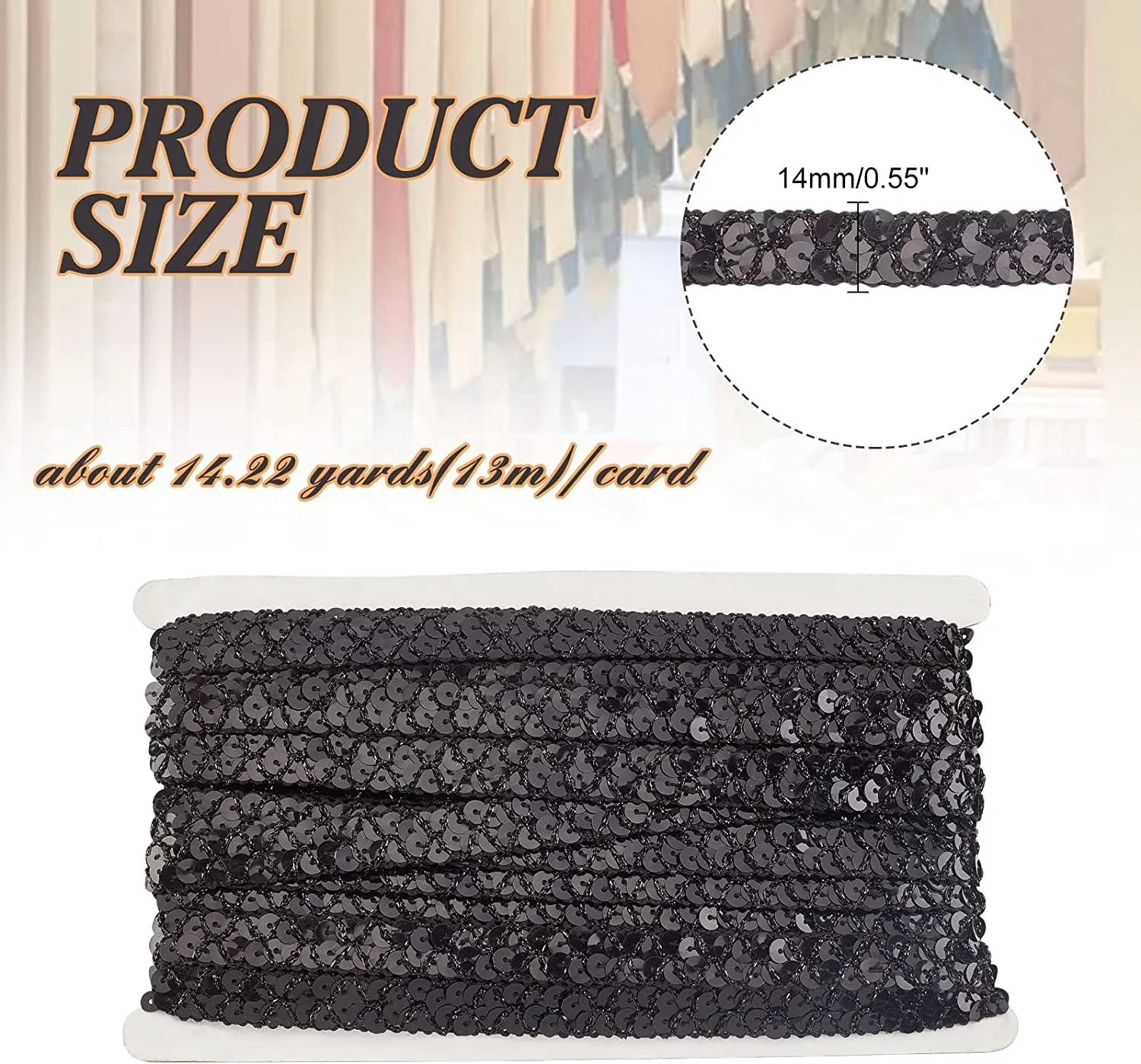 14 Yard Sequin Roll Metallic No Stretch Sequin Trim 2-Row Fabric Paillette Ribbon Trim Black Lace Trim for Dress Embellish and Headband Sewing - Black