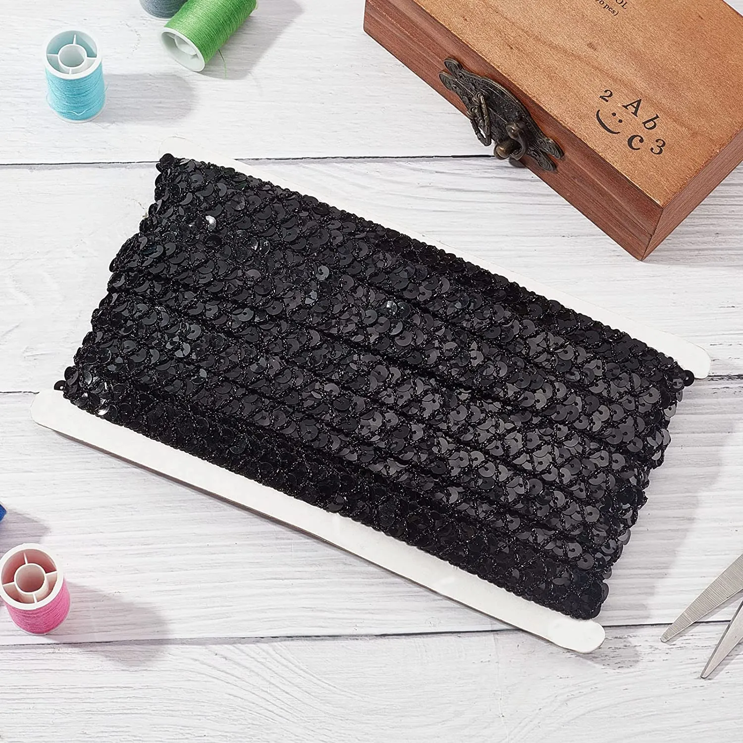 14 Yard Sequin Roll Metallic No Stretch Sequin Trim 2-Row Fabric Paillette Ribbon Trim Black Lace Trim for Dress Embellish and Headband Sewing - Black