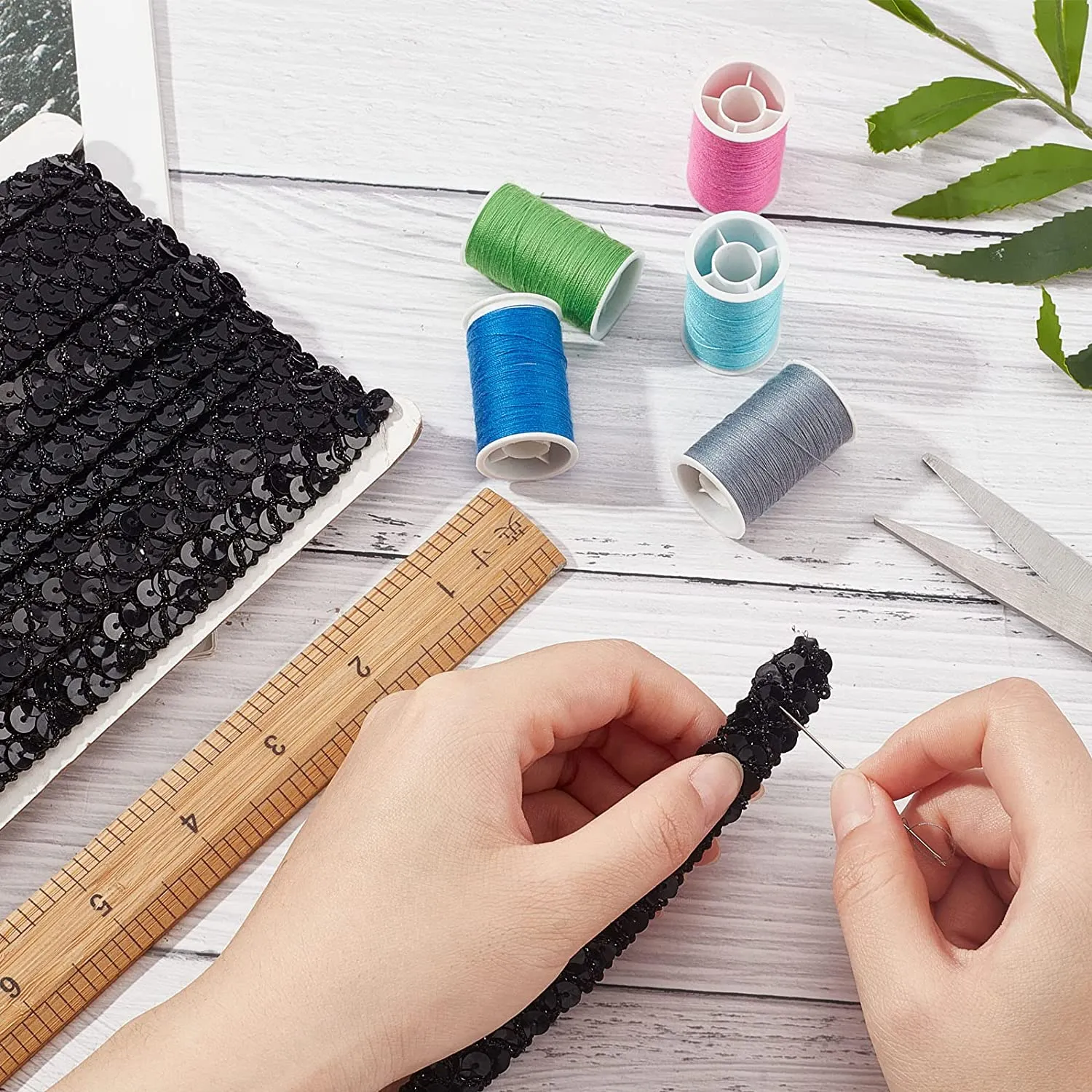 14 Yard Sequin Roll Metallic No Stretch Sequin Trim 2-Row Fabric Paillette Ribbon Trim Black Lace Trim for Dress Embellish and Headband Sewing - Black