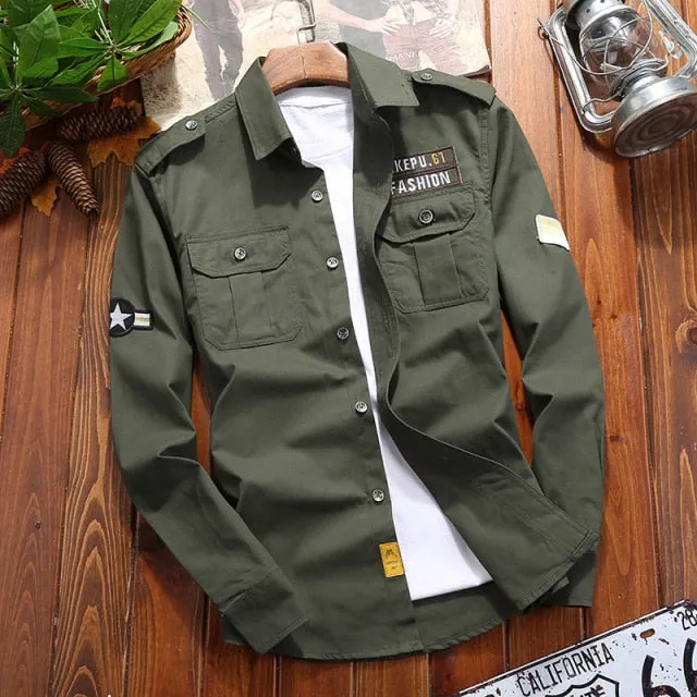 Aidase Men's Shirts Military Cotton Shirt Khaki Casual Retro Slim Fit with Pocket Long Sleeve Vintage Jacket Streetwear Drop Shipping