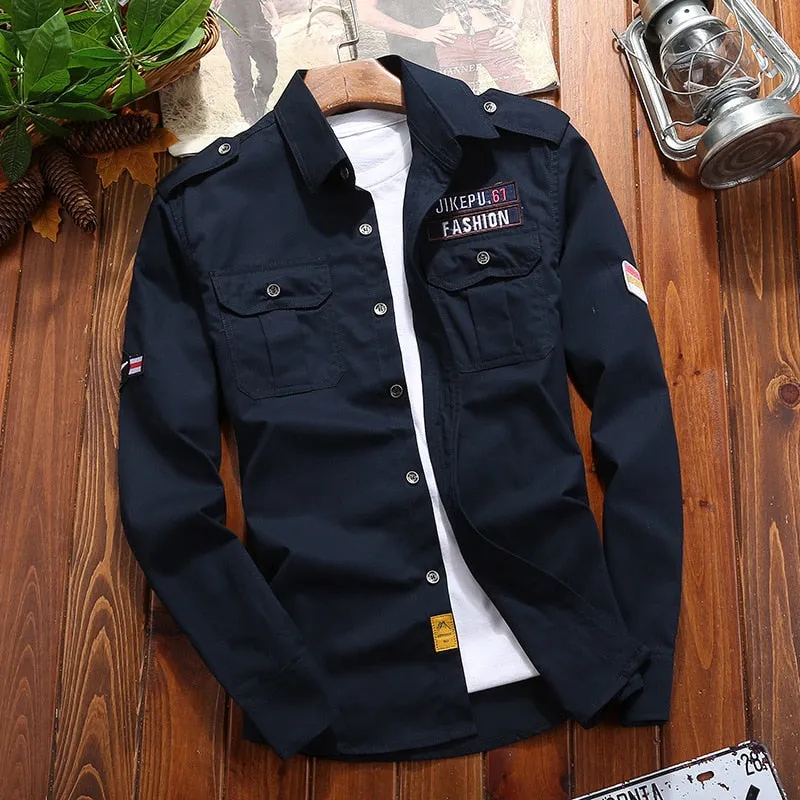 Aidase Men's Shirts Military Cotton Shirt Khaki Casual Retro Slim Fit with Pocket Long Sleeve Vintage Jacket Streetwear Drop Shipping