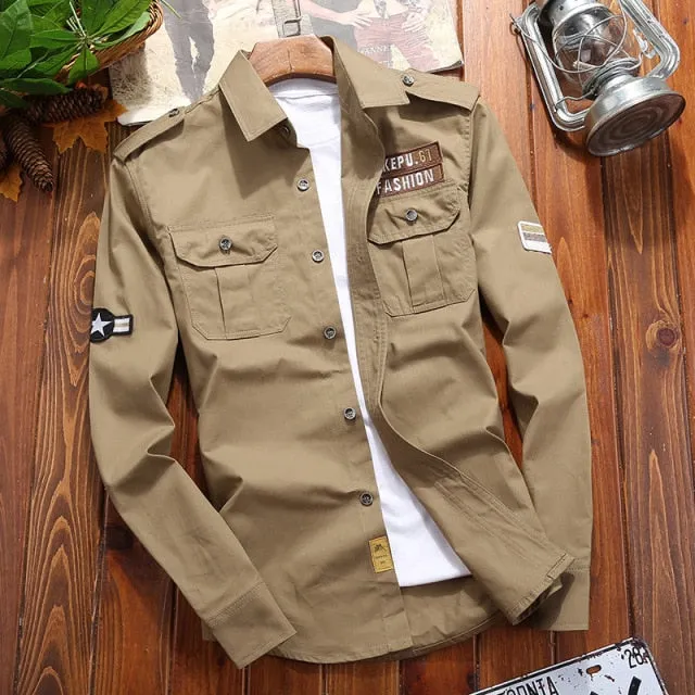 Aidase Men's Shirts Military Cotton Shirt Khaki Casual Retro Slim Fit with Pocket Long Sleeve Vintage Jacket Streetwear Drop Shipping