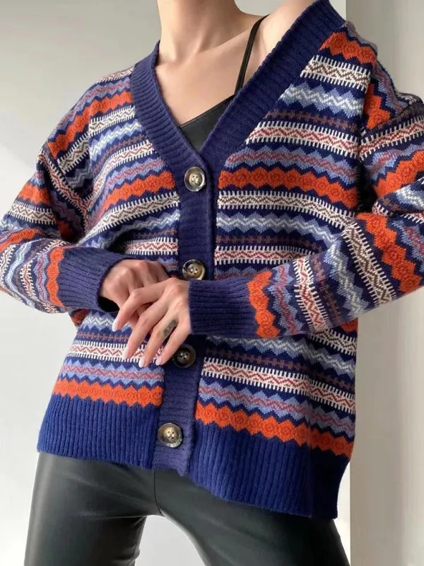 Autumn Fair Isle Button-Up Sweater Knit Cardigan