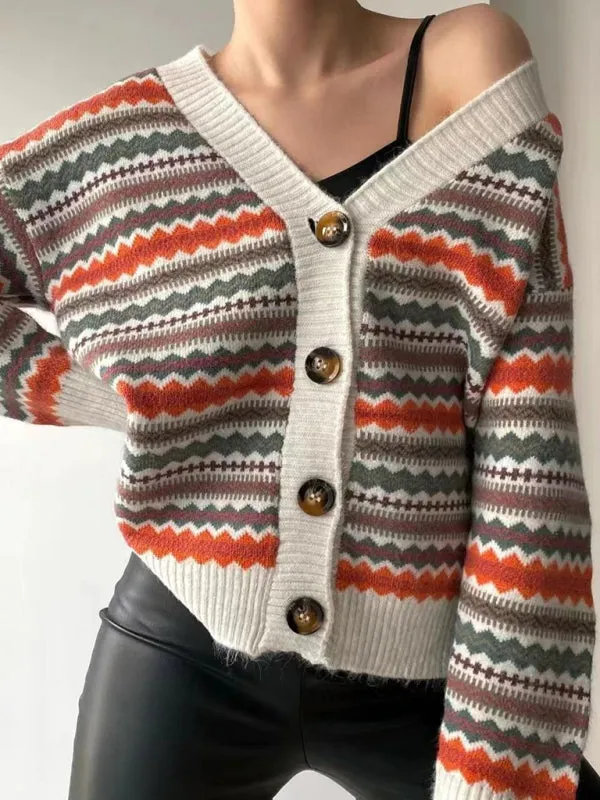 Autumn Fair Isle Button-Up Sweater Knit Cardigan