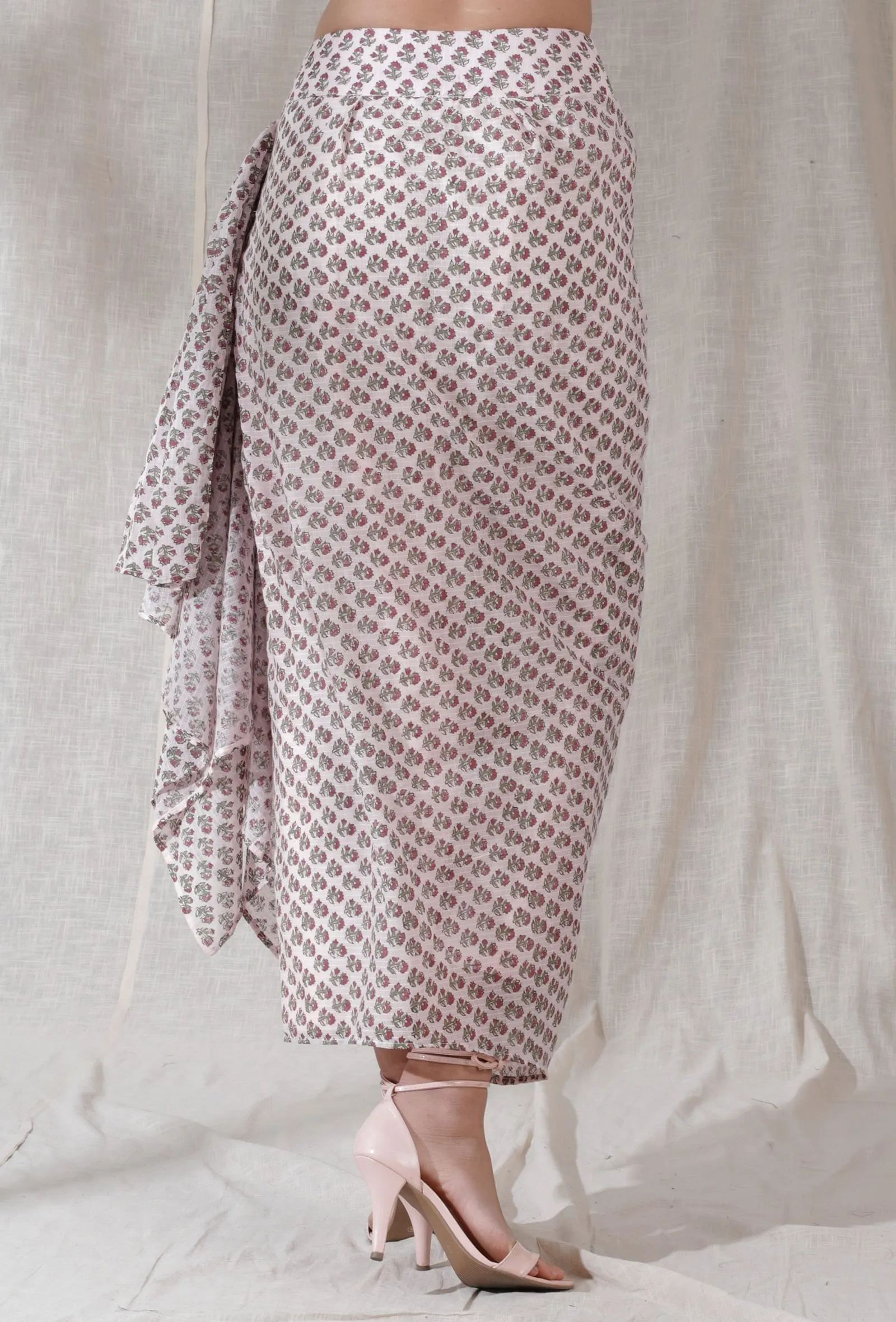 Baby pink color kota cotton contrast color floral blockprinted sarong draped high waist long skirt