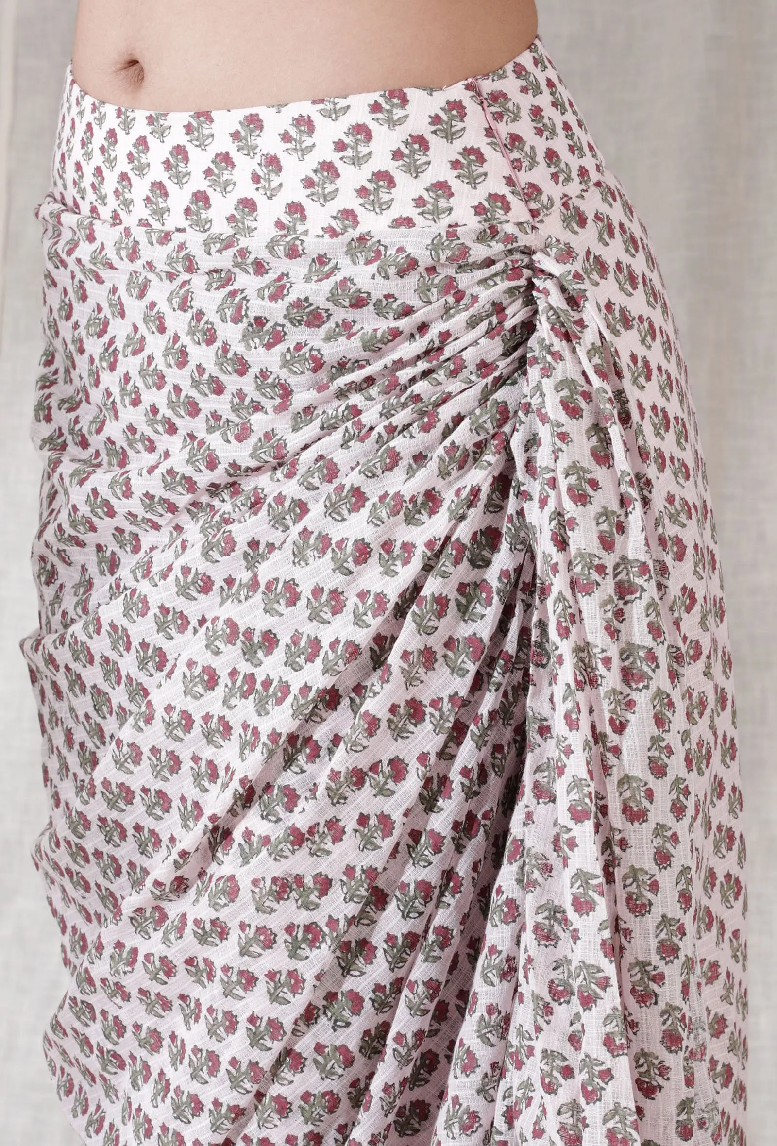 Baby pink color kota cotton contrast color floral blockprinted sarong draped high waist long skirt