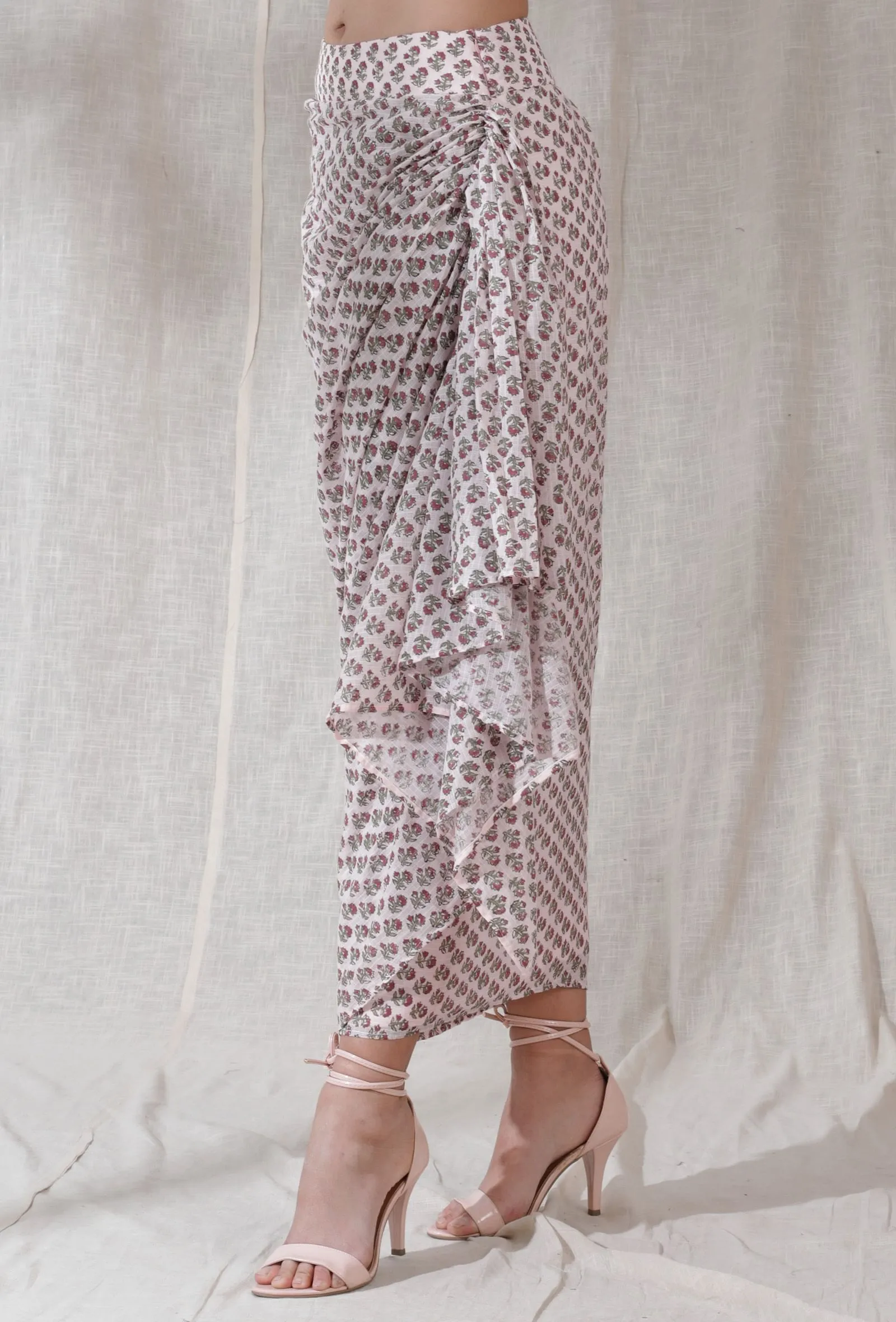 Baby pink color kota cotton contrast color floral blockprinted sarong draped high waist long skirt