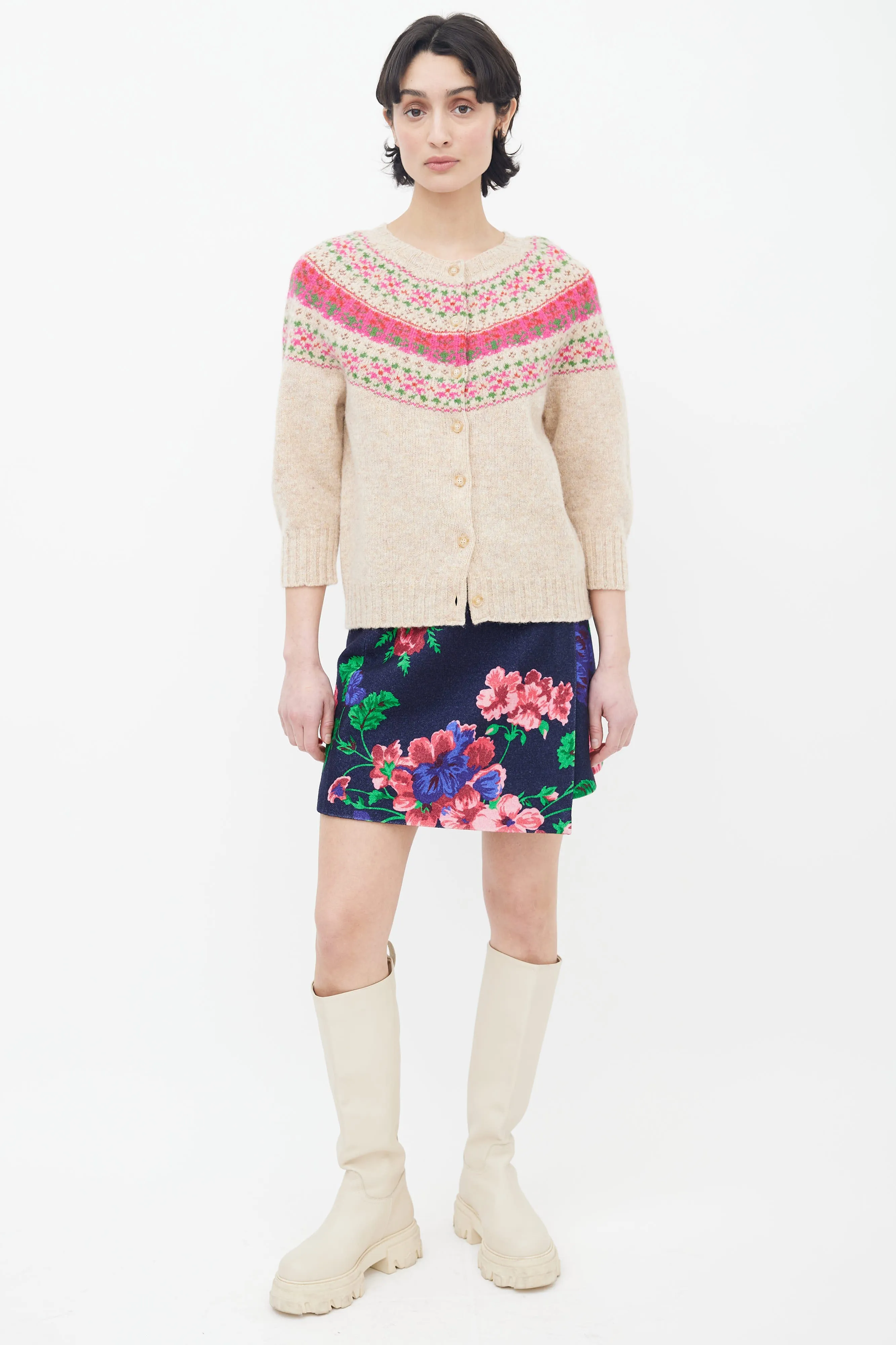 Beige & Pink Fair Isle Knit Cardigan