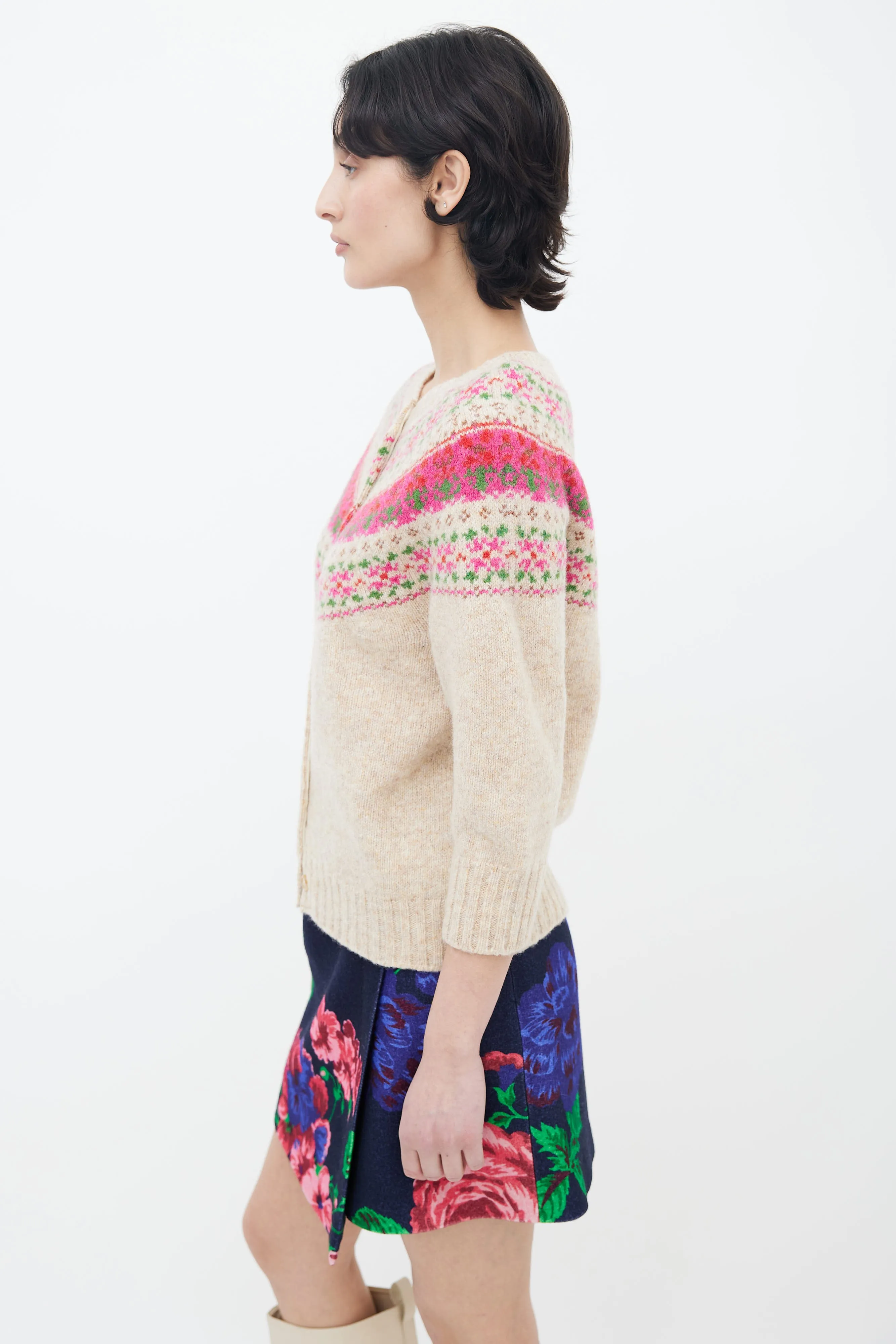 Beige & Pink Fair Isle Knit Cardigan