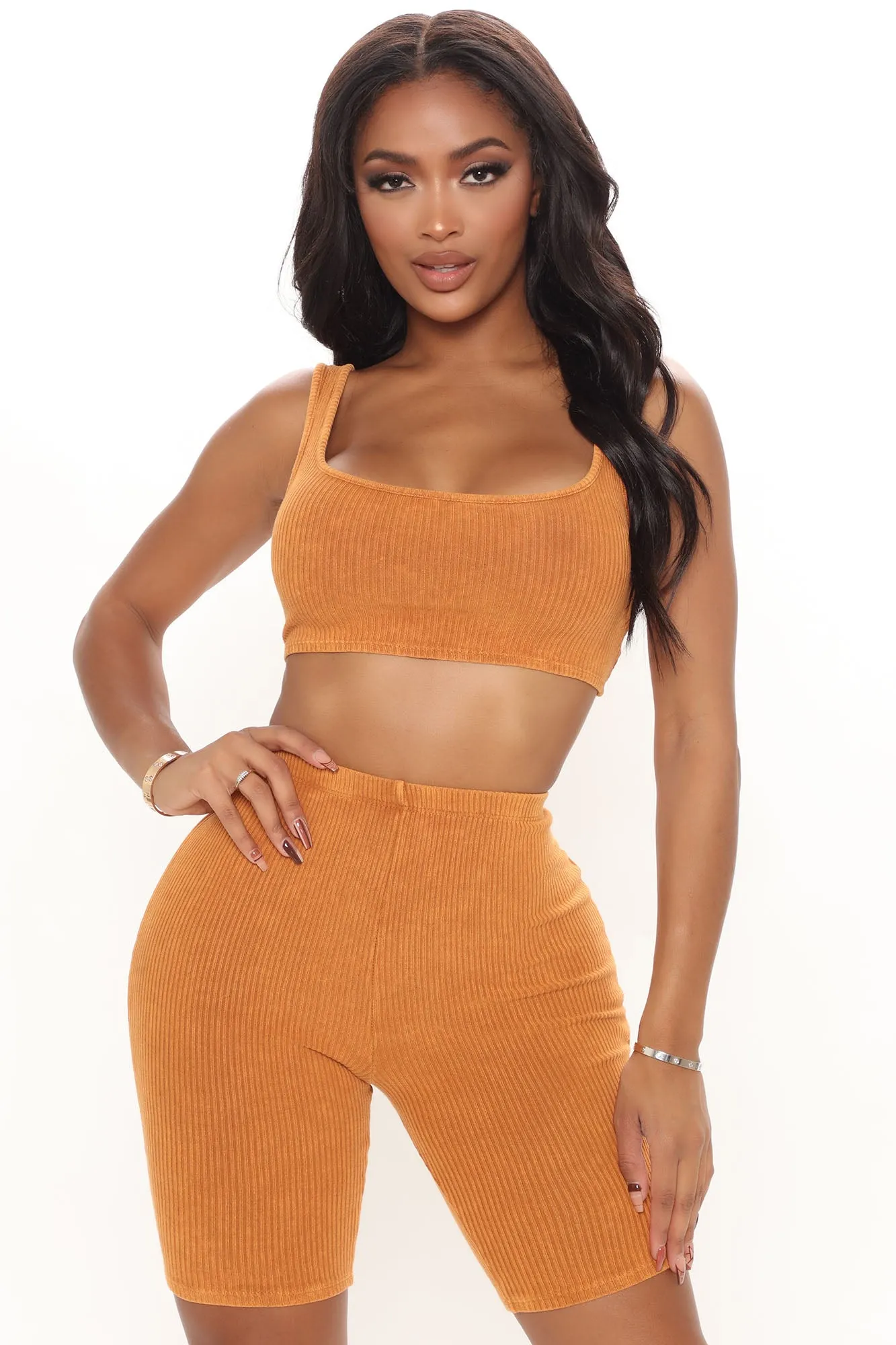 Bella Bae Ribbed Biker Short Set - Orange