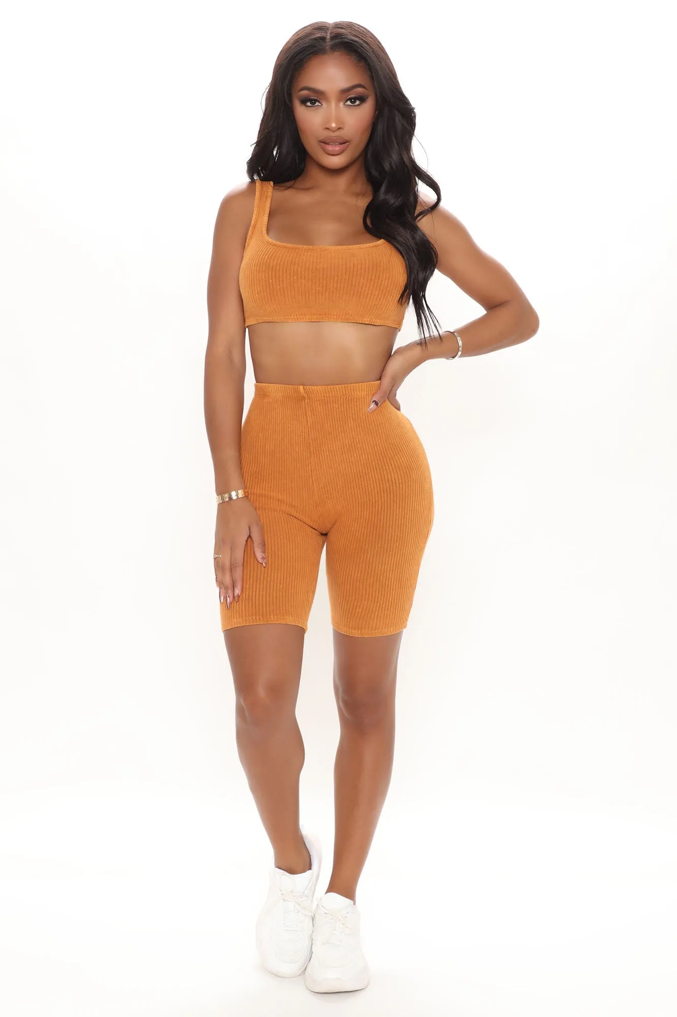 Bella Bae Ribbed Biker Short Set - Orange