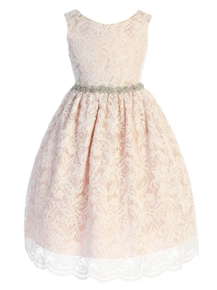 Big Girls Blush Lace Rhinestone Braided Belt Junior Bridesmaid Dress 8-14