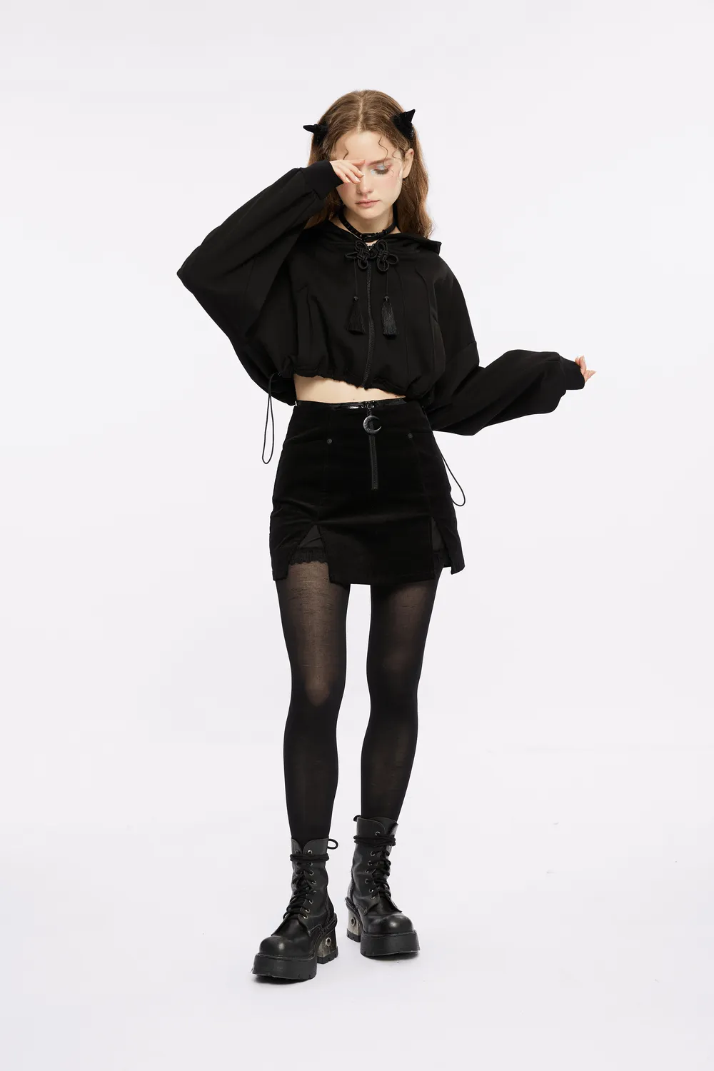 Black Cropped Hoodie with Enchanting Wizard Hood