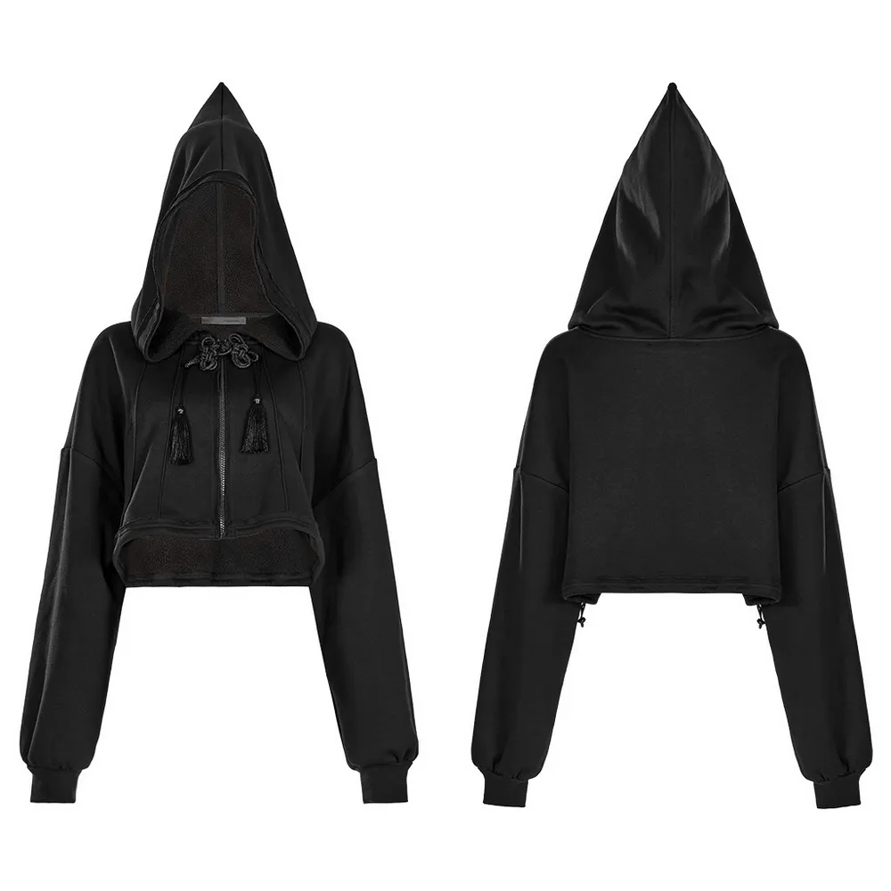 Black Cropped Hoodie with Enchanting Wizard Hood