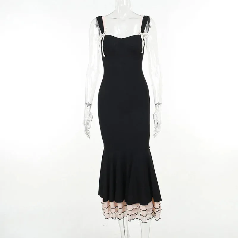 Black Ruffle Trim Fishtail Midi Dress
