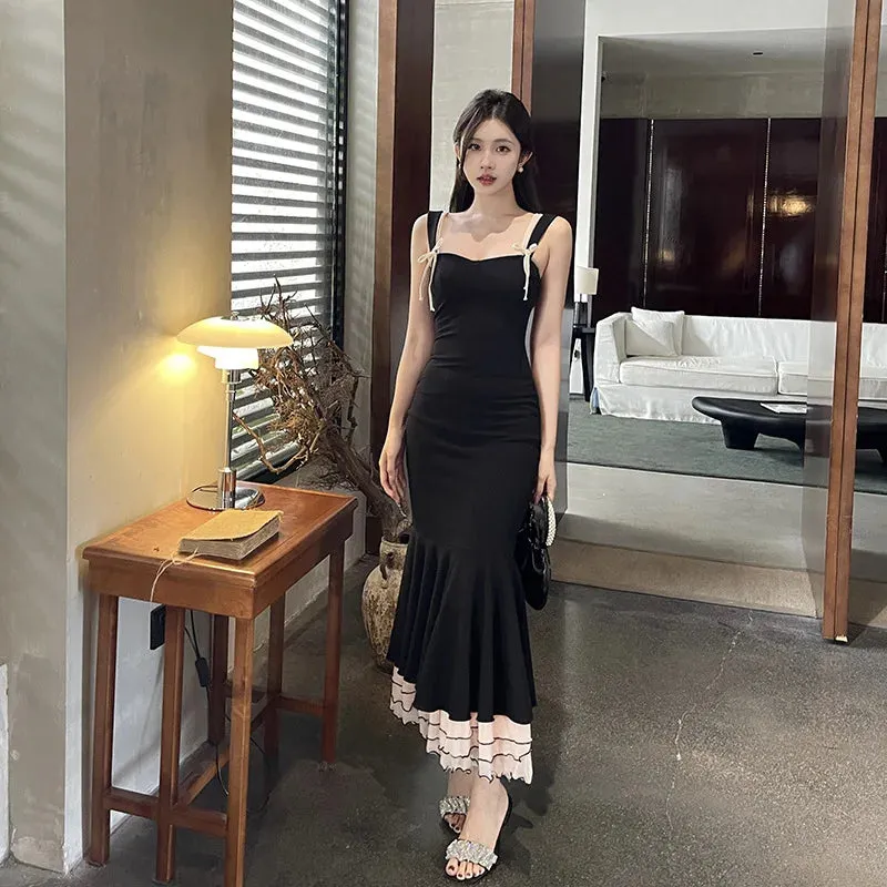 Black Ruffle Trim Fishtail Midi Dress