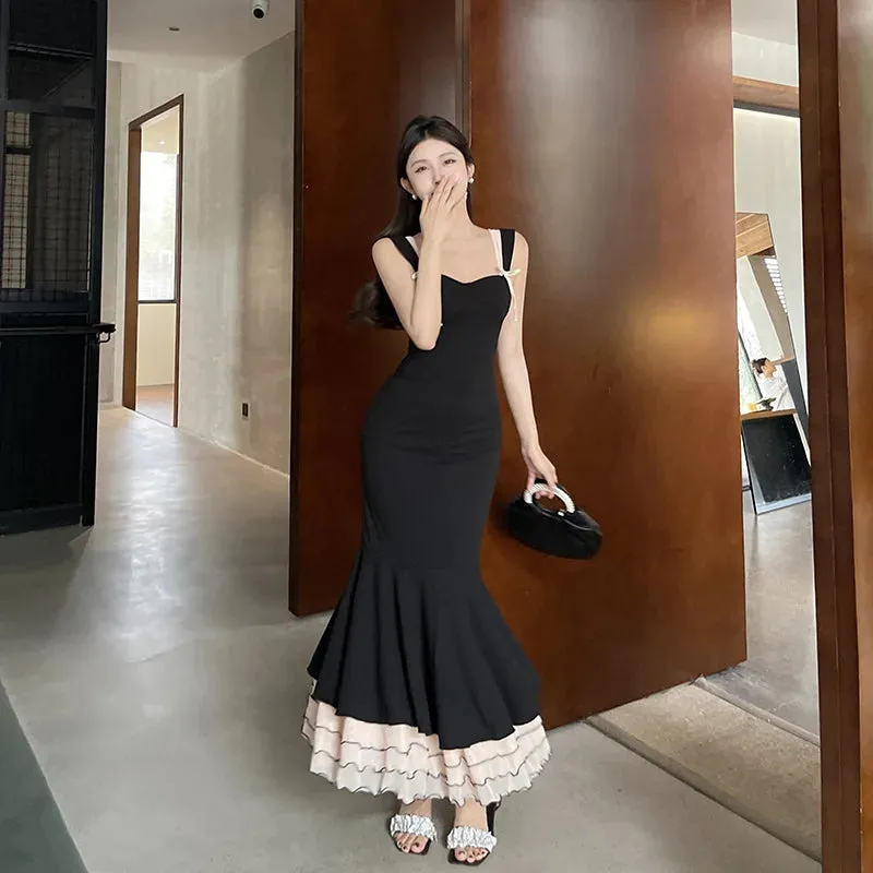 Black Ruffle Trim Fishtail Midi Dress