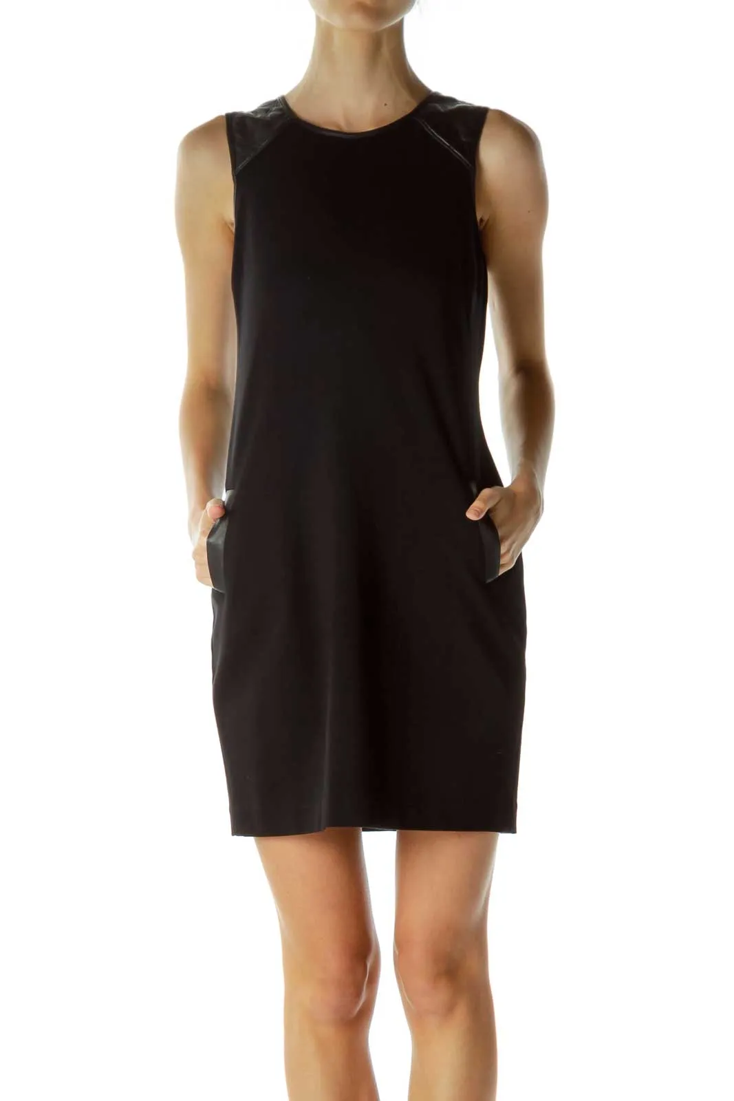 Black Sheath Dress with Faux-Leather Trim
