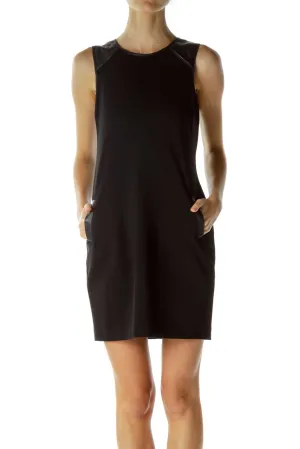 Black Sheath Dress with Faux-Leather Trim