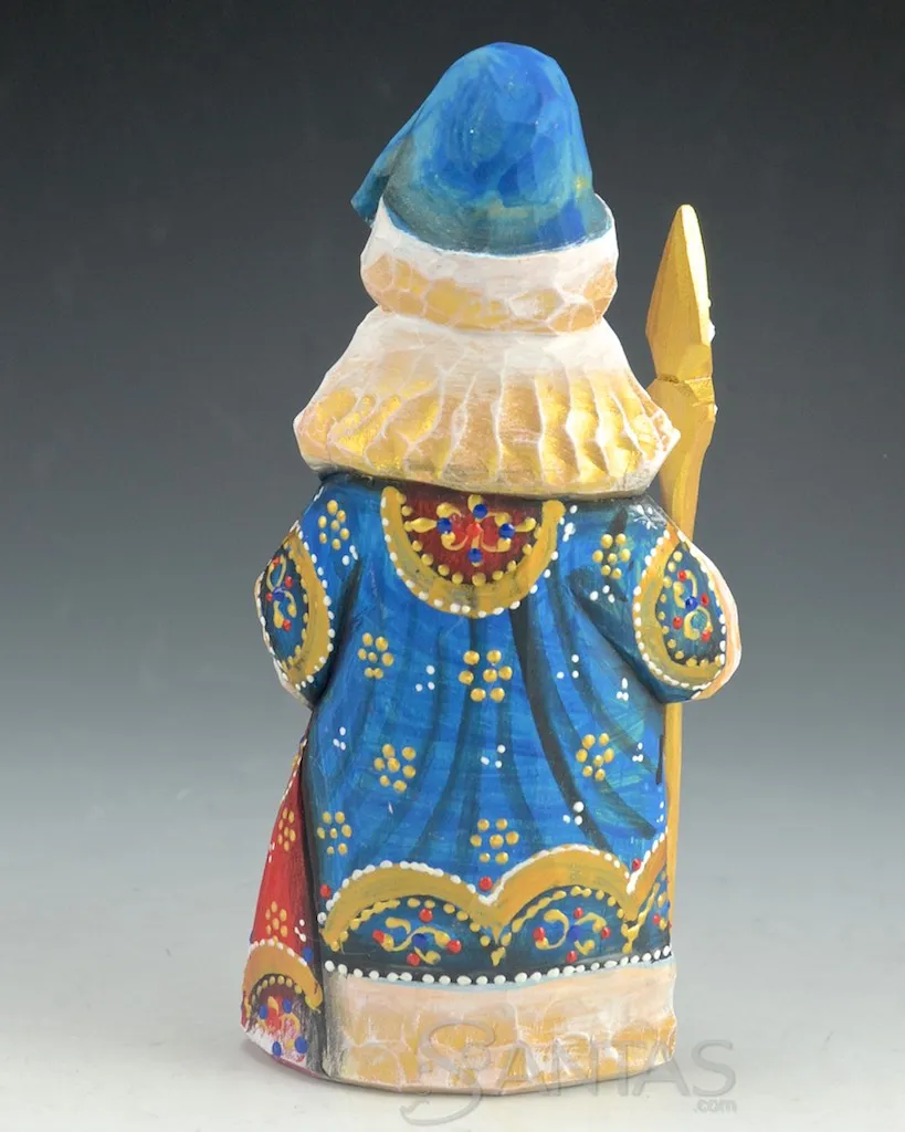 Blue, Gold and White Russian Santa Carving holding a Toy Bag and Staff 6 inch