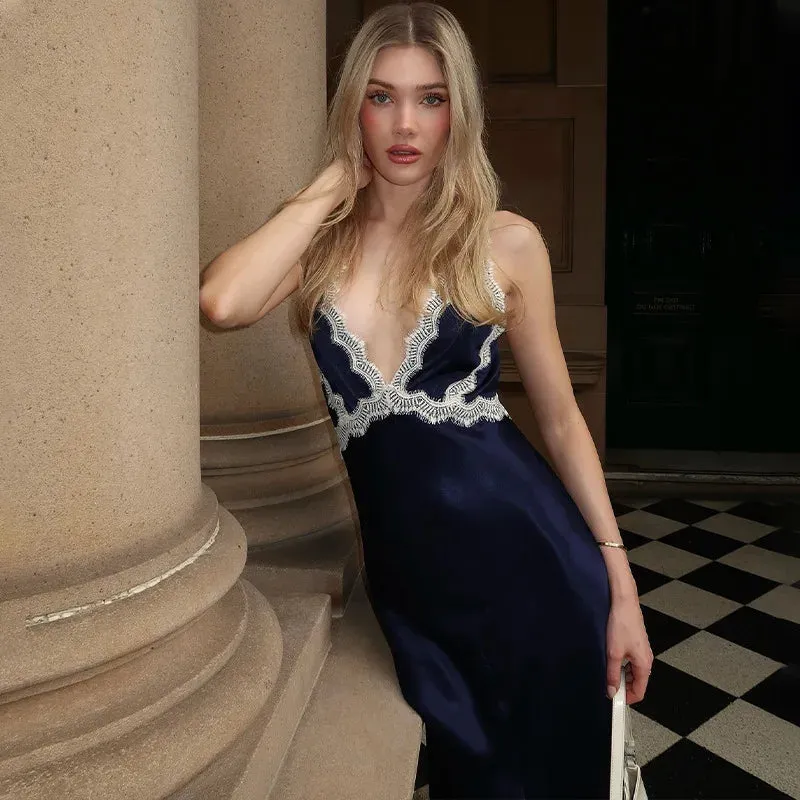 Blue Satin Maxi Dress with Lace Trim