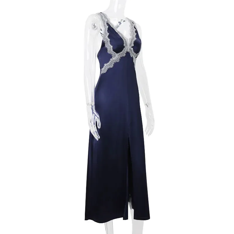 Blue Satin Maxi Dress with Lace Trim