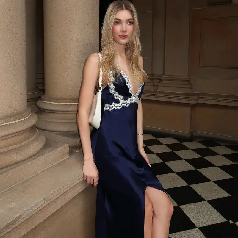 Blue Satin Maxi Dress with Lace Trim
