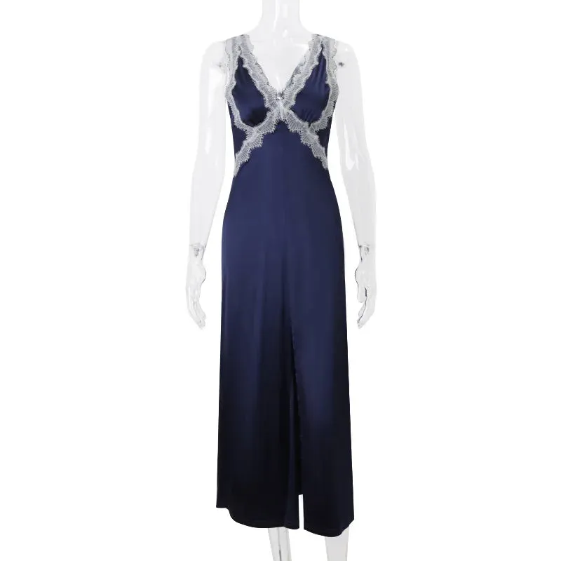 Blue Satin Maxi Dress with Lace Trim