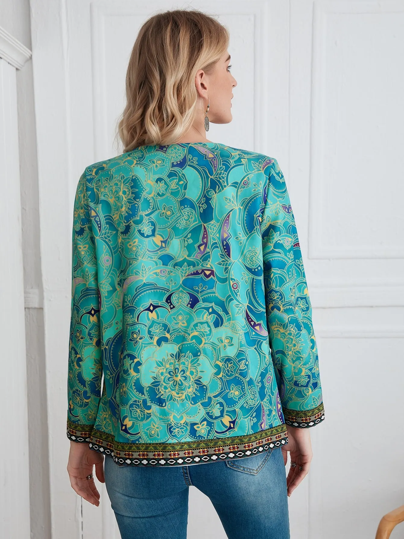 Boho Tribal Long Sleeve Round Neck Regular Women Coat