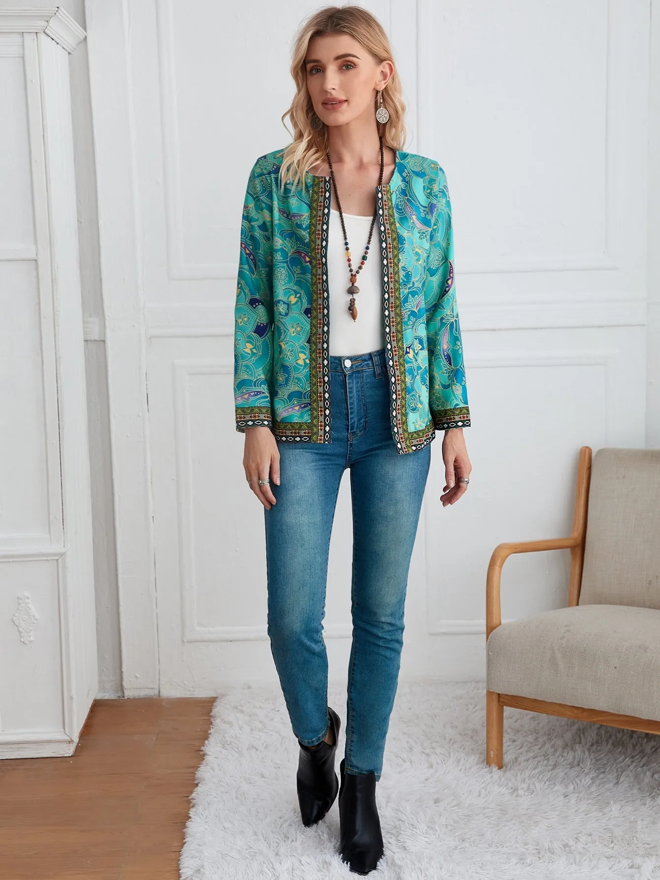 Boho Tribal Long Sleeve Round Neck Regular Women Coat