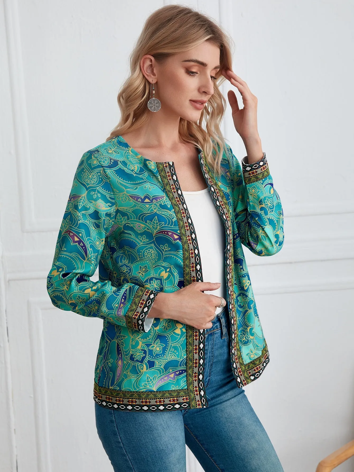 Boho Tribal Long Sleeve Round Neck Regular Women Coat