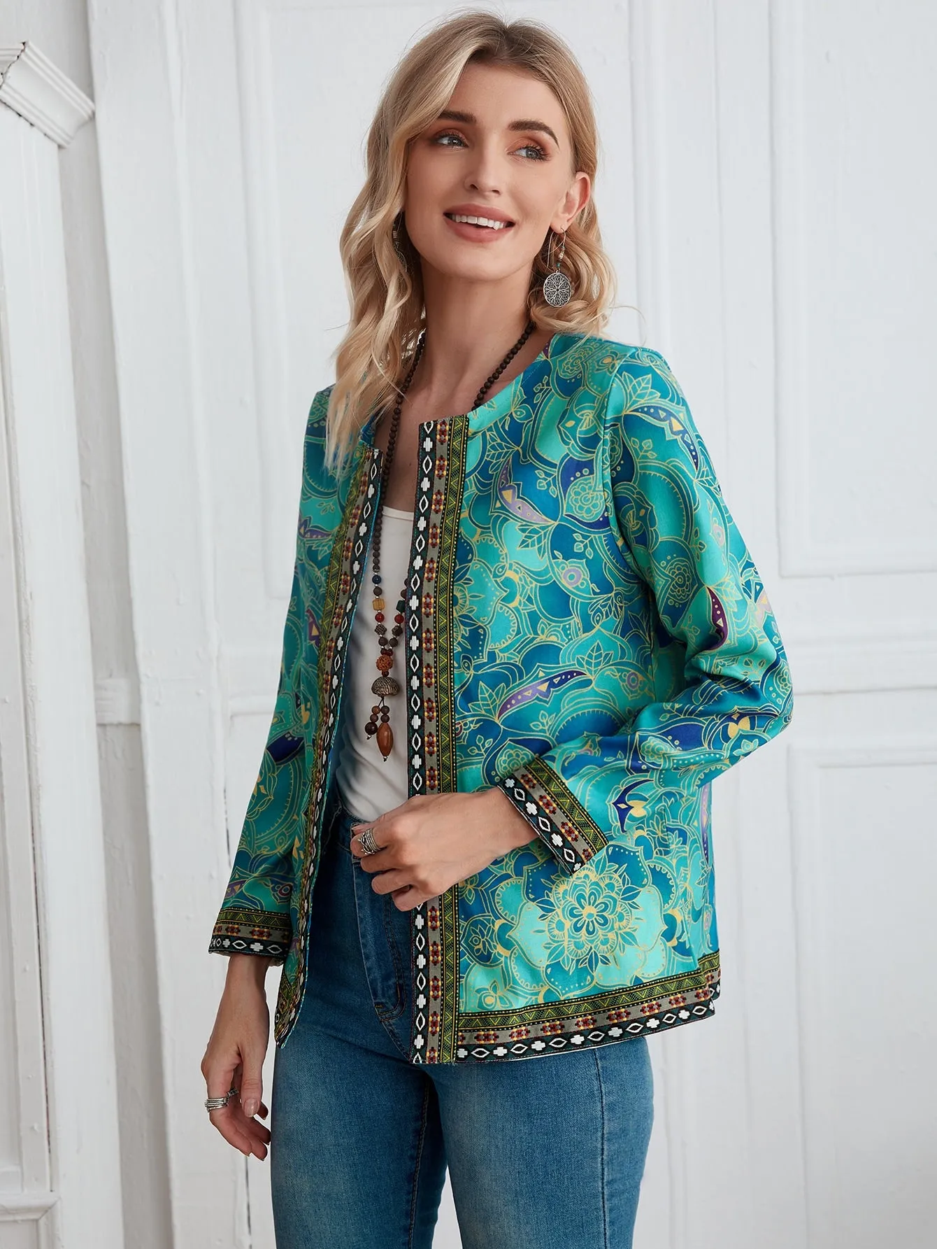 Boho Tribal Long Sleeve Round Neck Regular Women Coat
