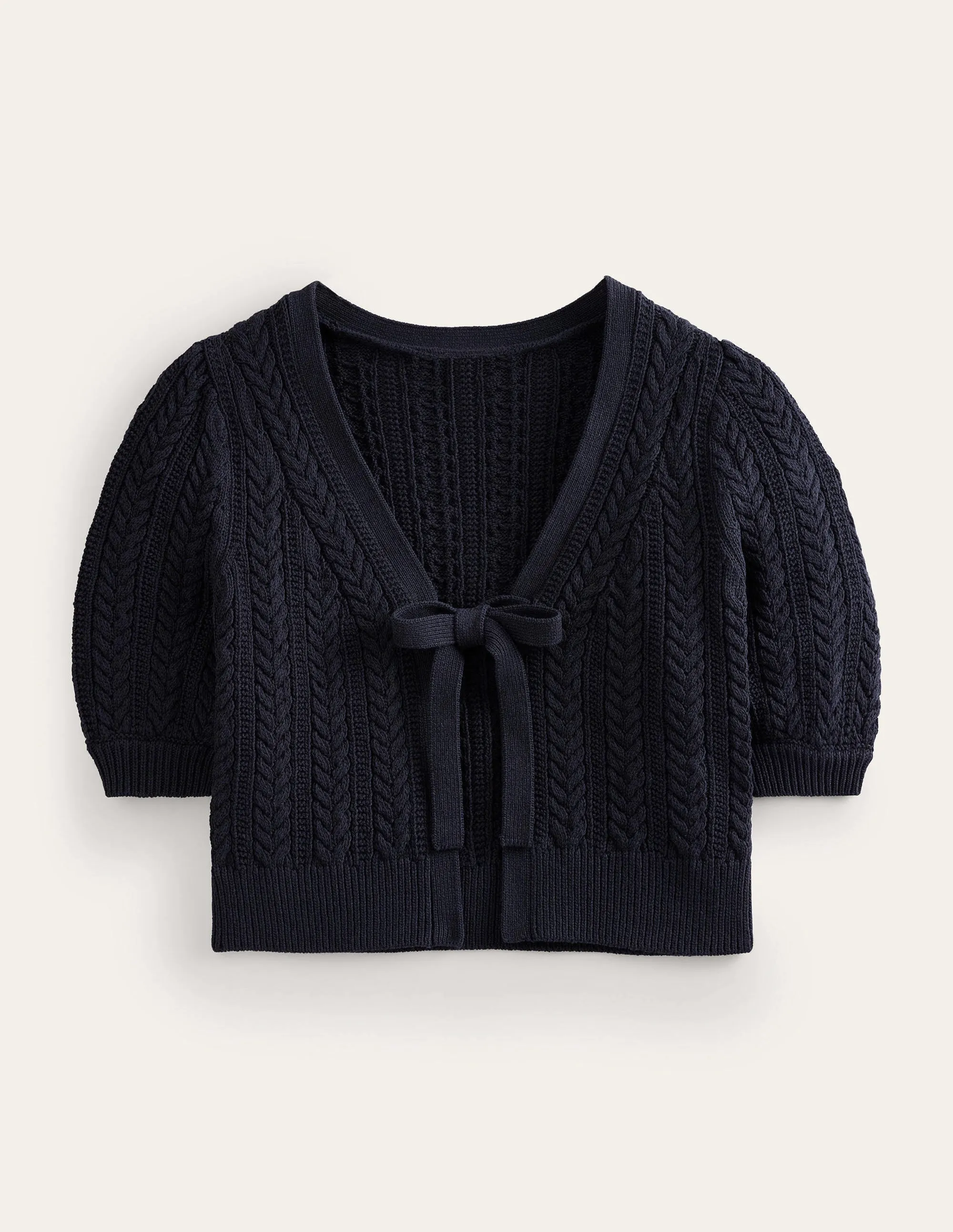 Bow-Trim Cropped Cardigan-Navy