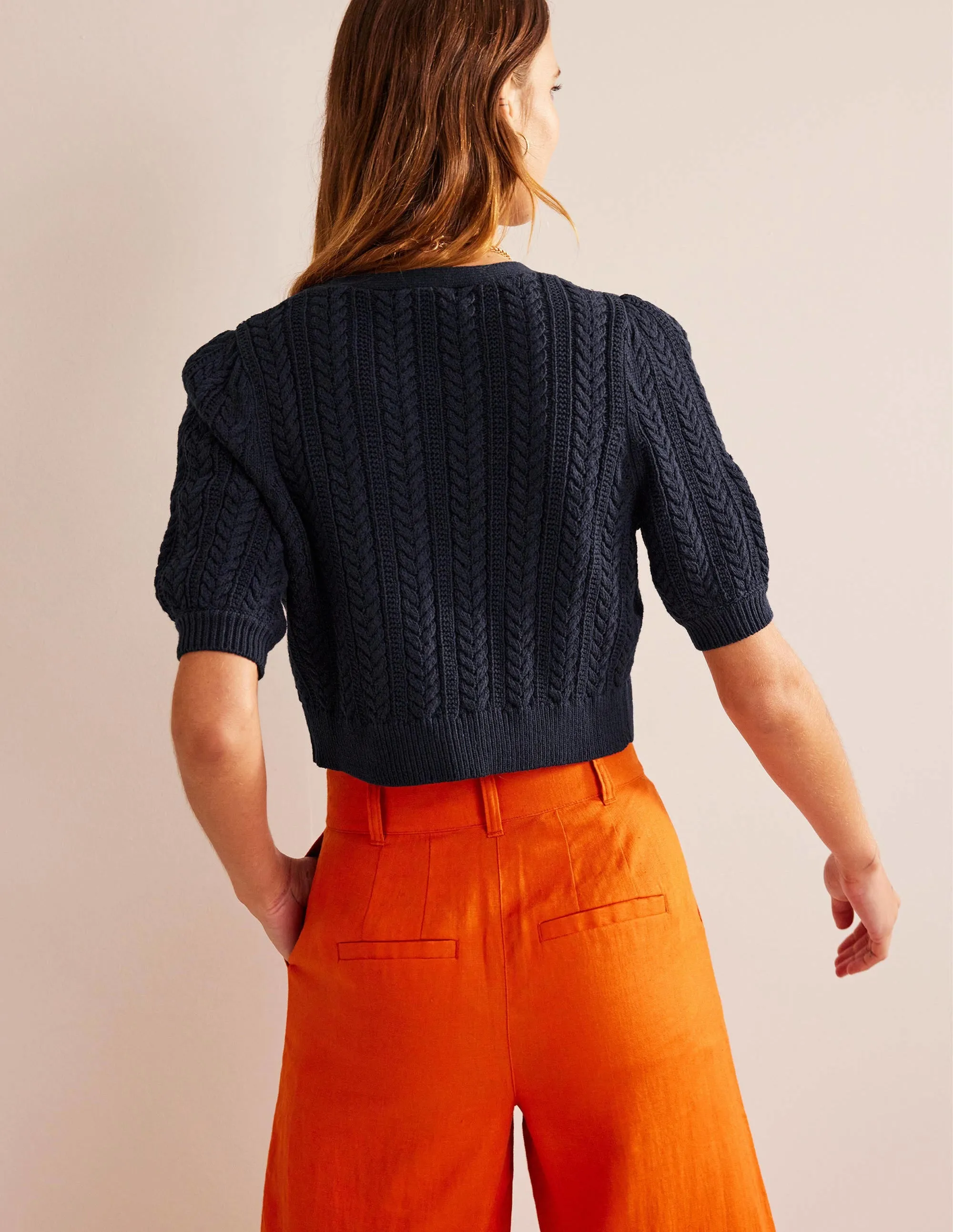 Bow-Trim Cropped Cardigan-Navy