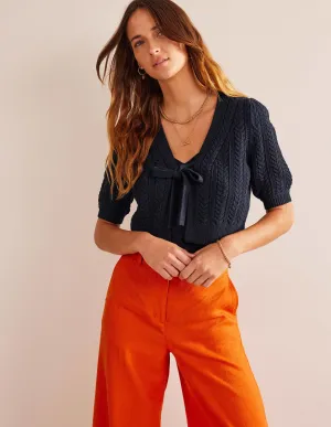 Bow-Trim Cropped Cardigan-Navy
