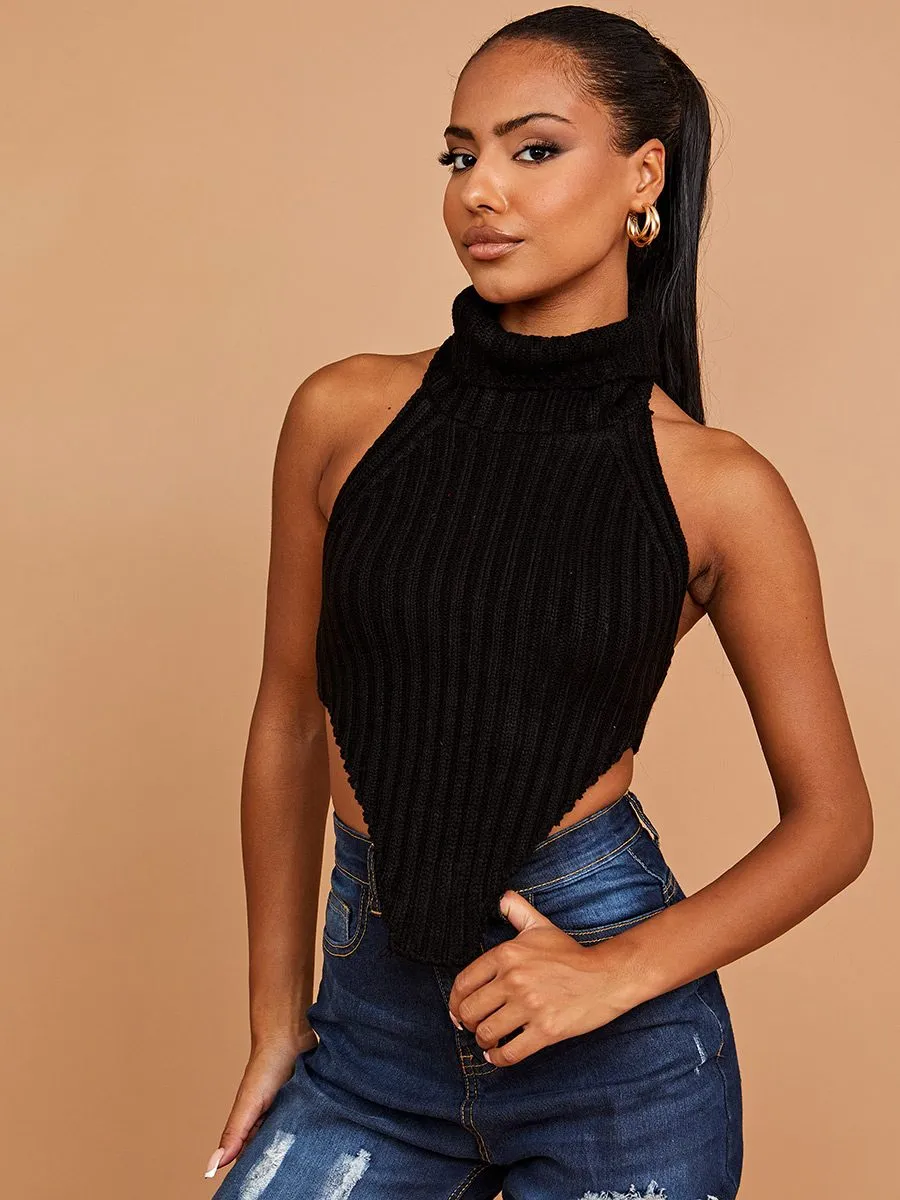 Caitlyn Halter Roll Neck Asymmetric Hem Knitted Crop Top In Black