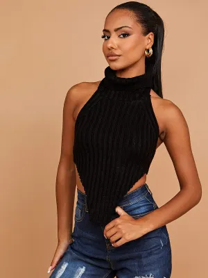 Caitlyn Halter Roll Neck Asymmetric Hem Knitted Crop Top In Black