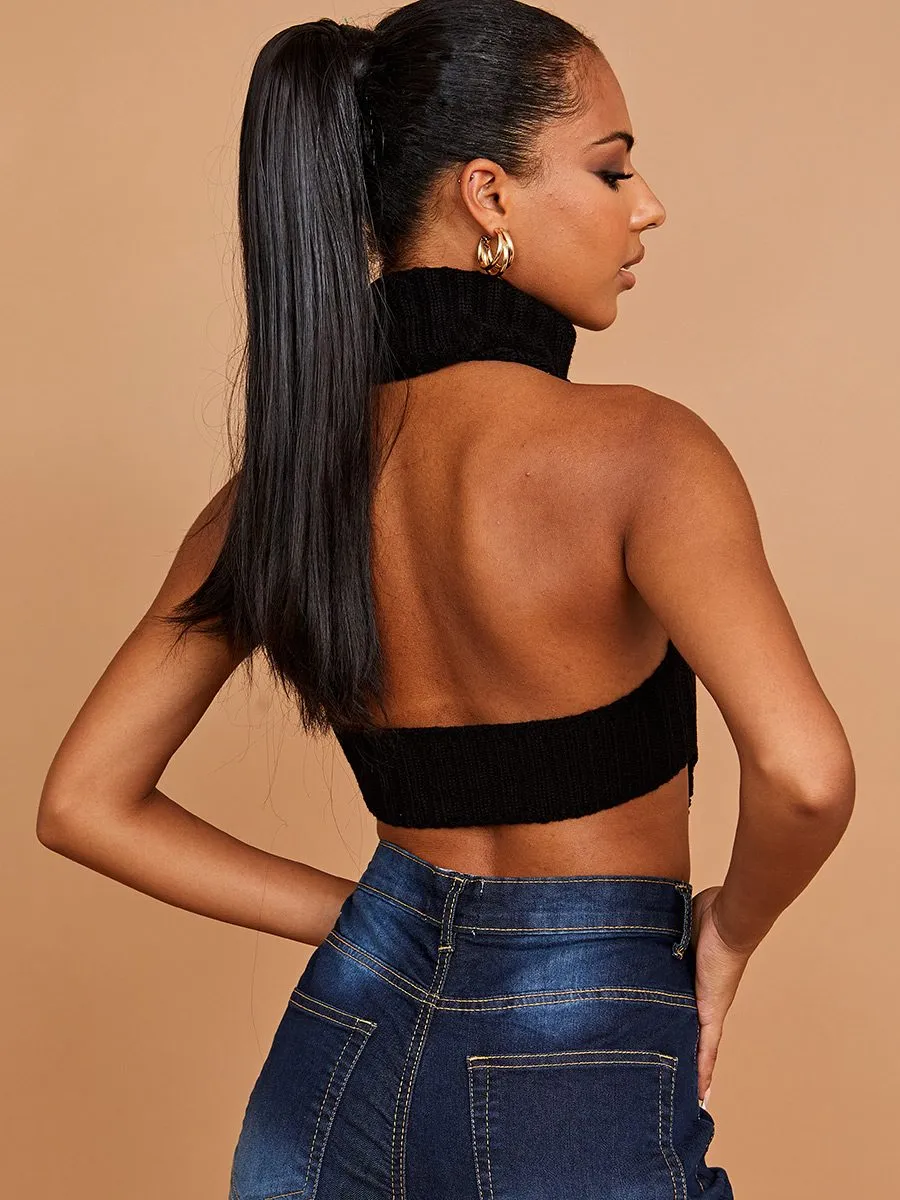 Caitlyn Halter Roll Neck Asymmetric Hem Knitted Crop Top In Black