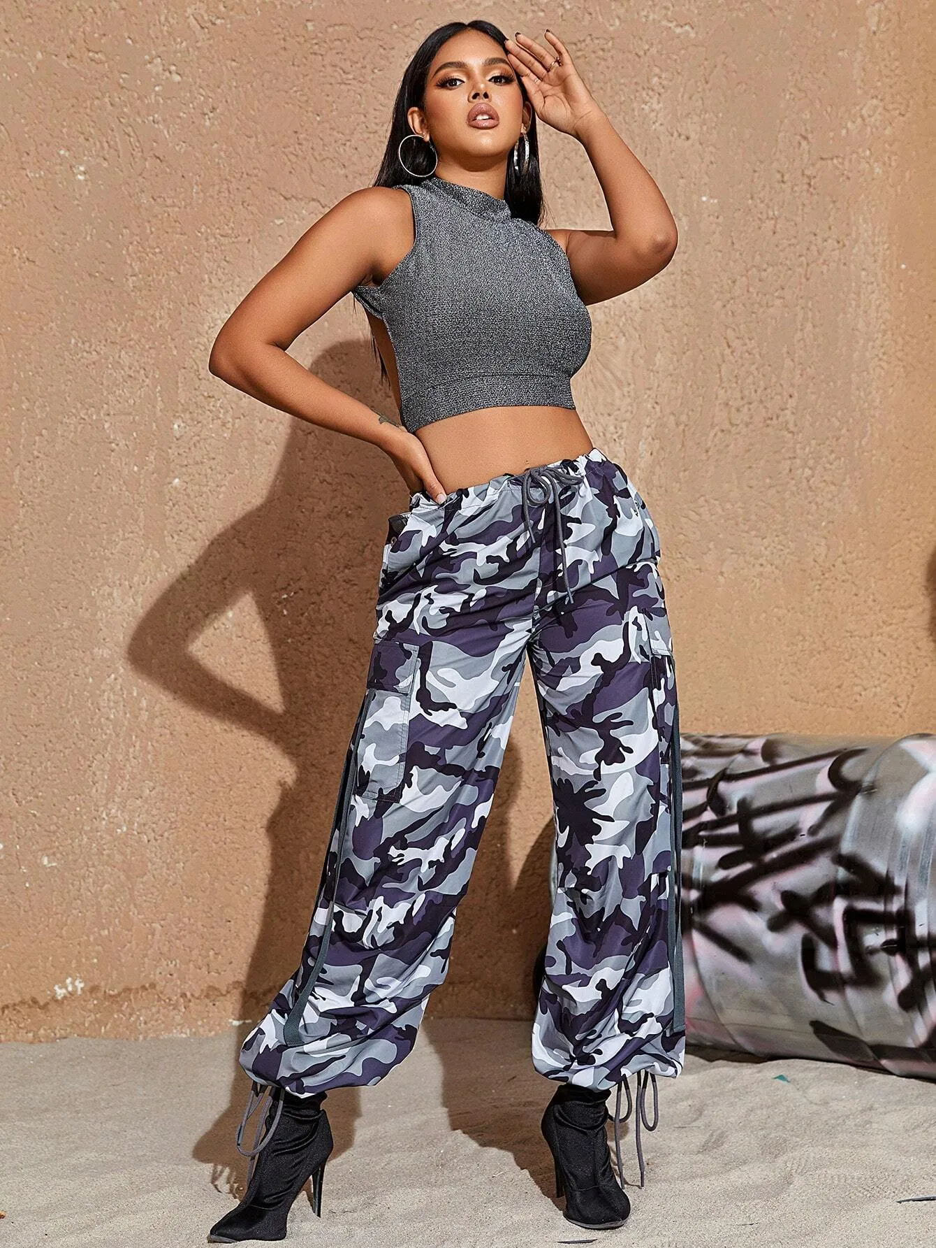 Camo Print Parachute Cargo Pants