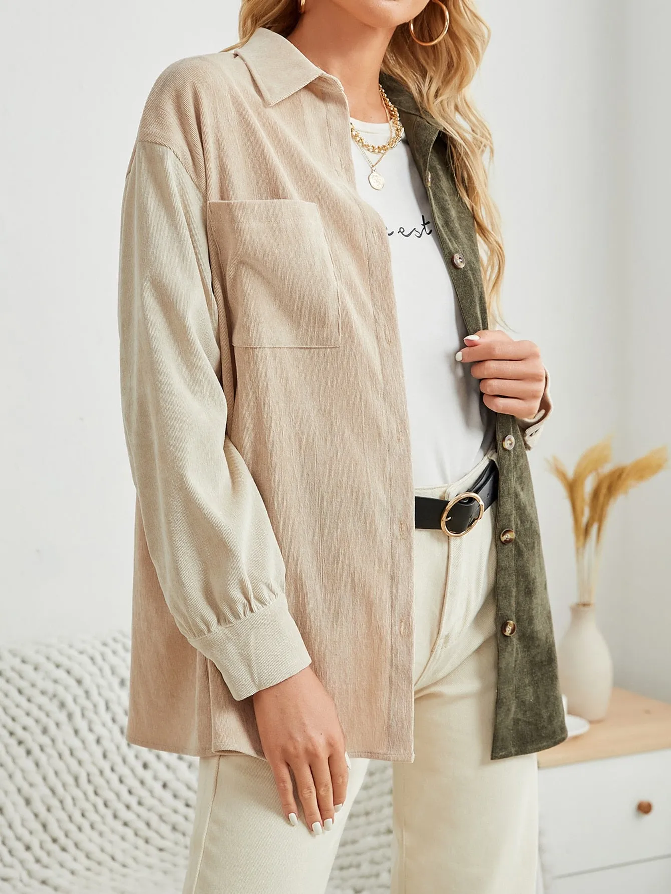 Casual Colorblock Button Front Long Sleeve Collar Short Women Coat