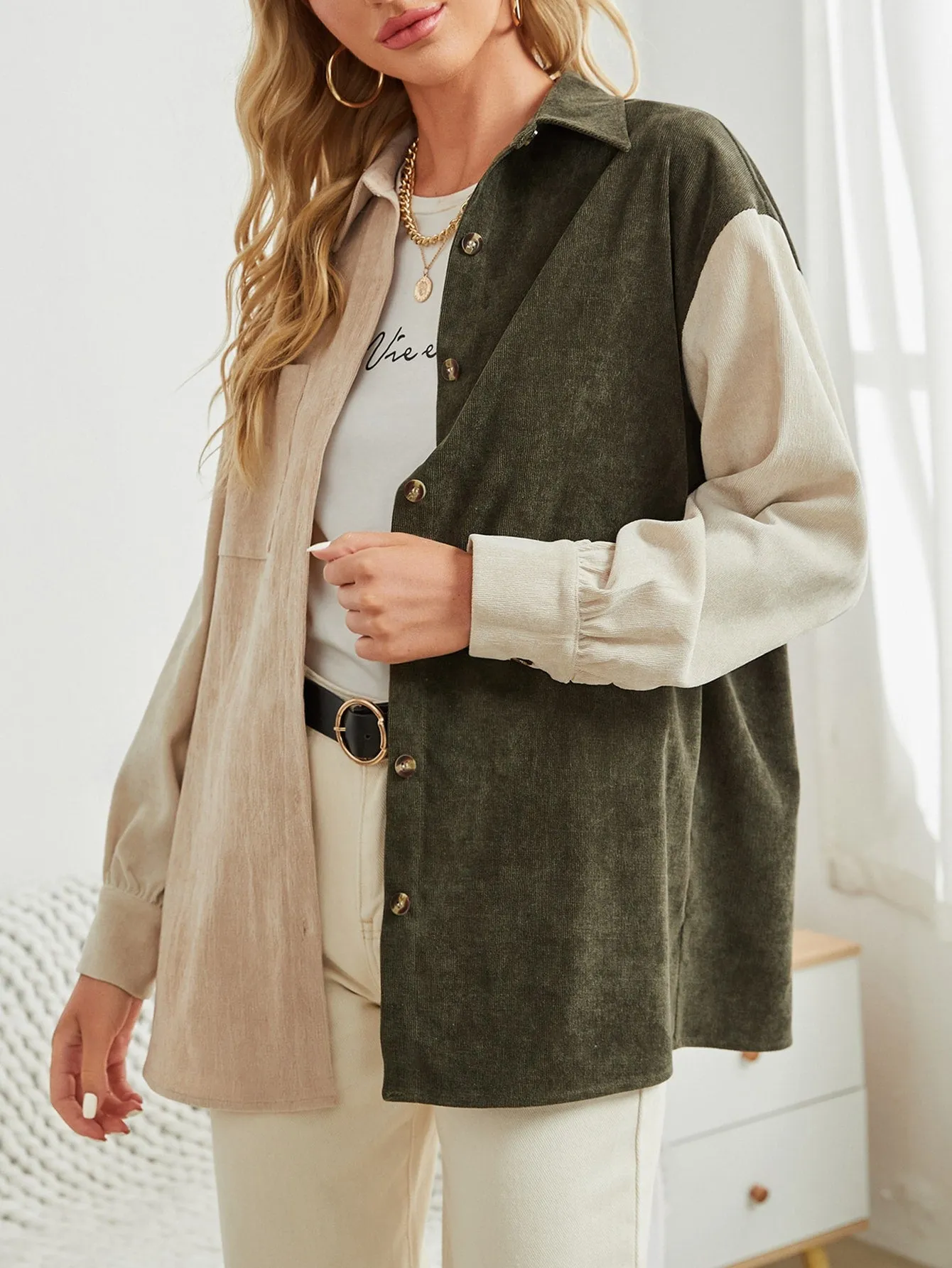 Casual Colorblock Button Front Long Sleeve Collar Short Women Coat