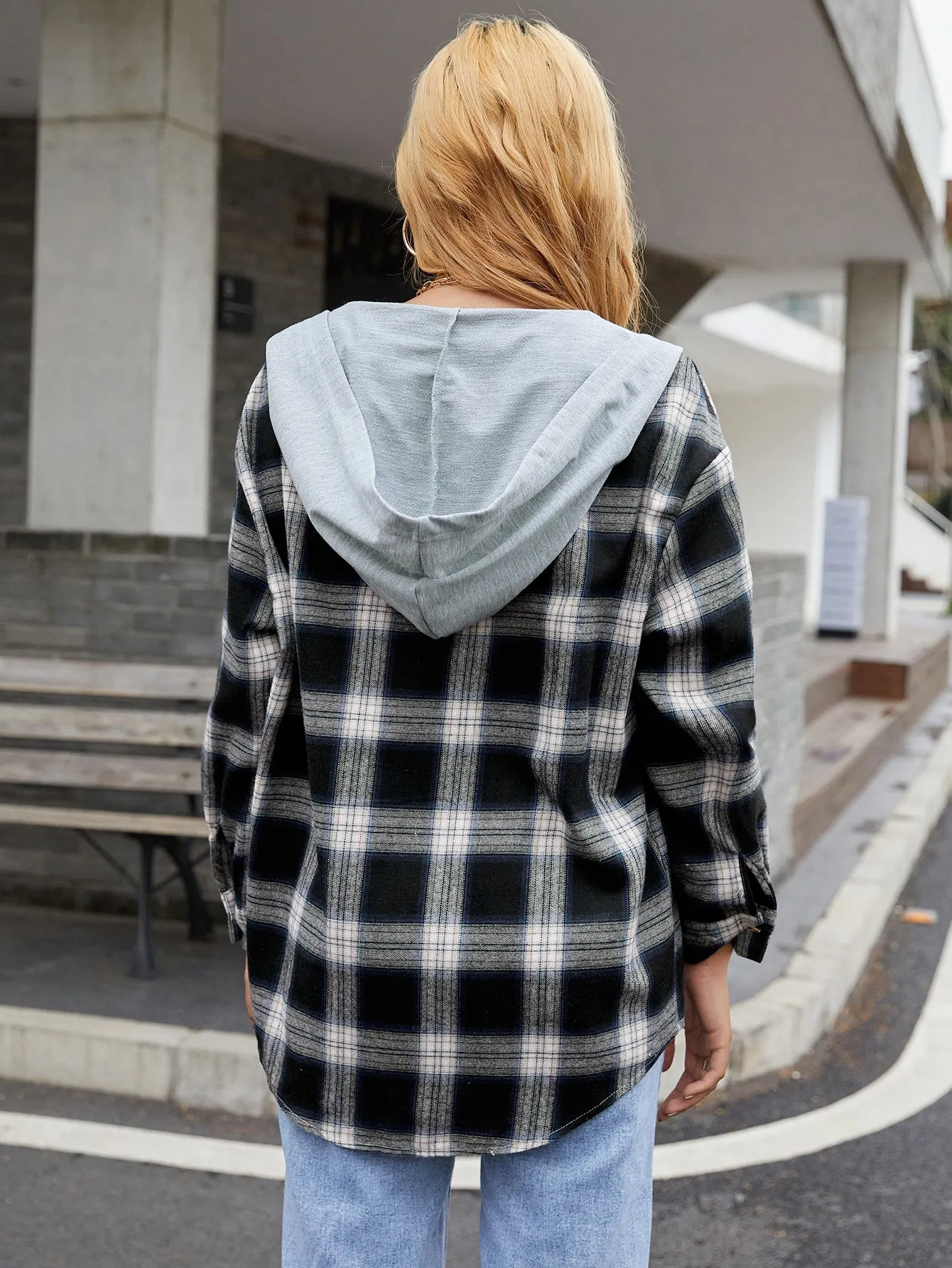 Casual Plaid Button Front Long Sleeve Hooded Short Women Coat