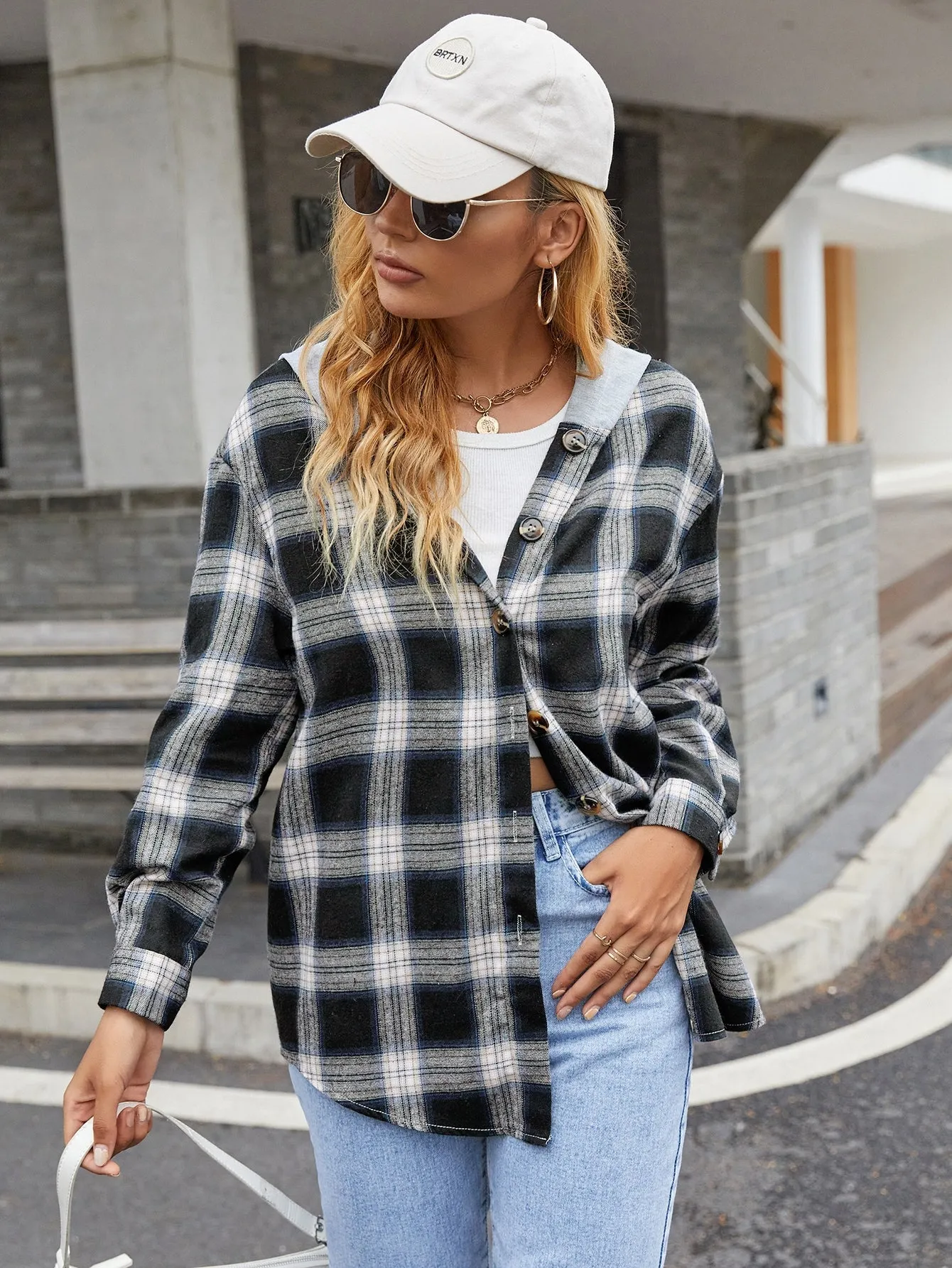 Casual Plaid Button Front Long Sleeve Hooded Short Women Coat