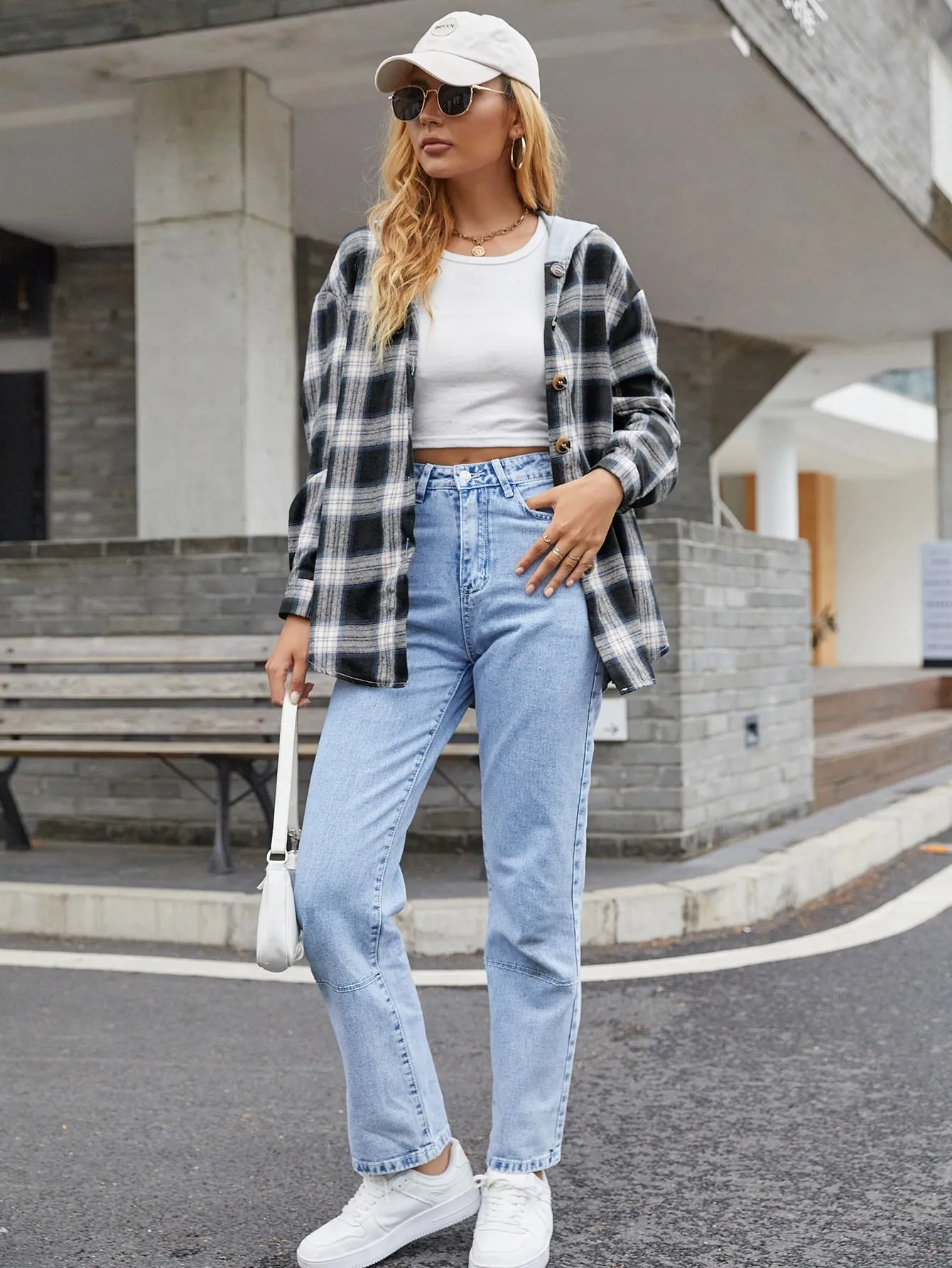 Casual Plaid Button Front Long Sleeve Hooded Short Women Coat