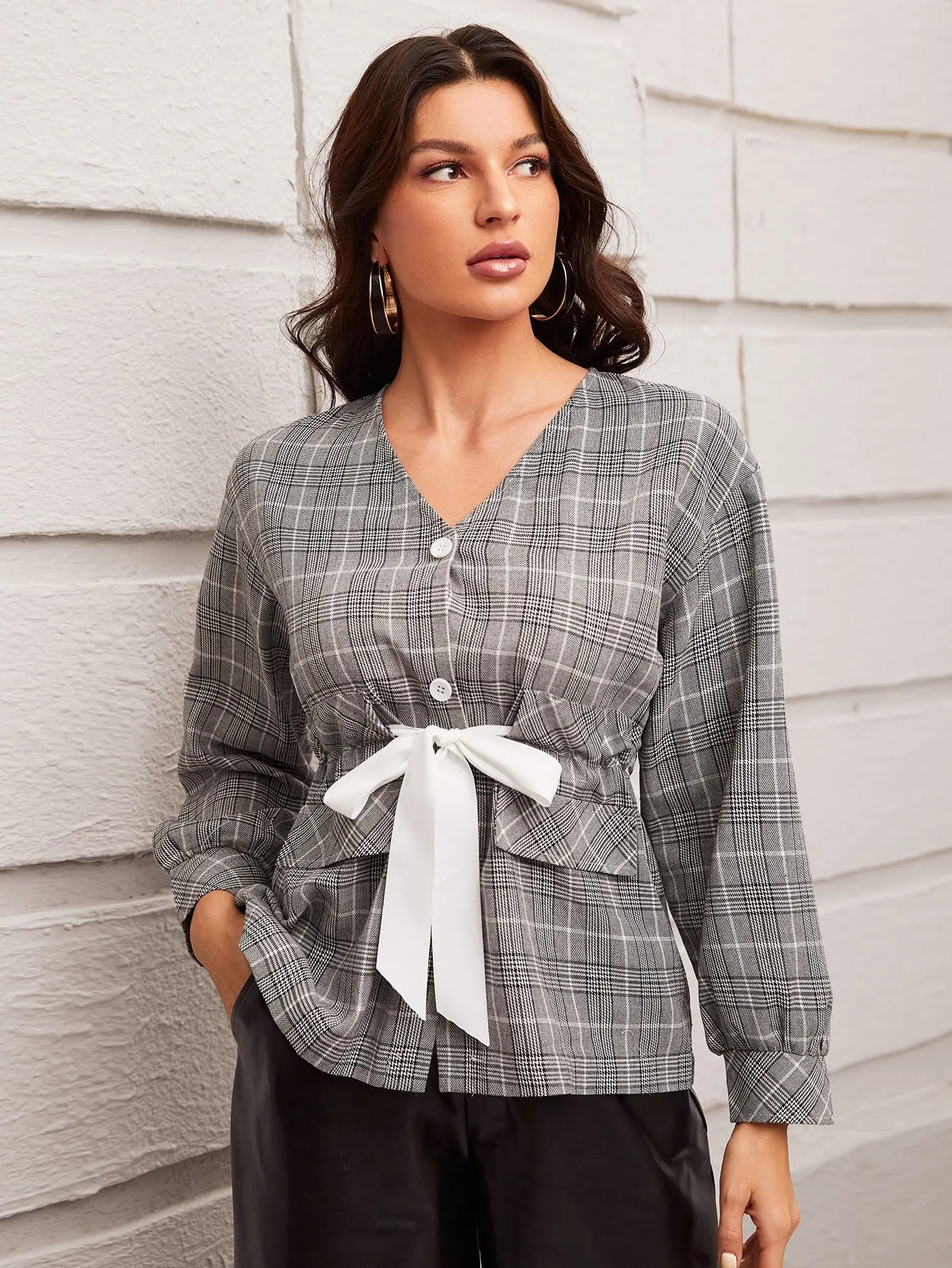Casual Plaid Button Long Sleeve V Neck Flared Regular Women Coat