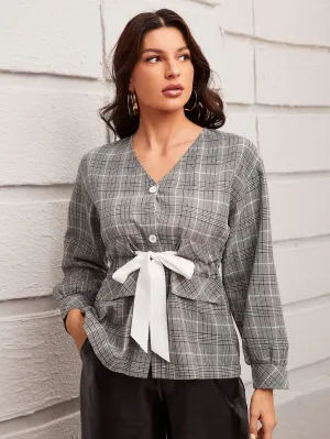 Casual Plaid Button Long Sleeve V Neck Flared Regular Women Coat