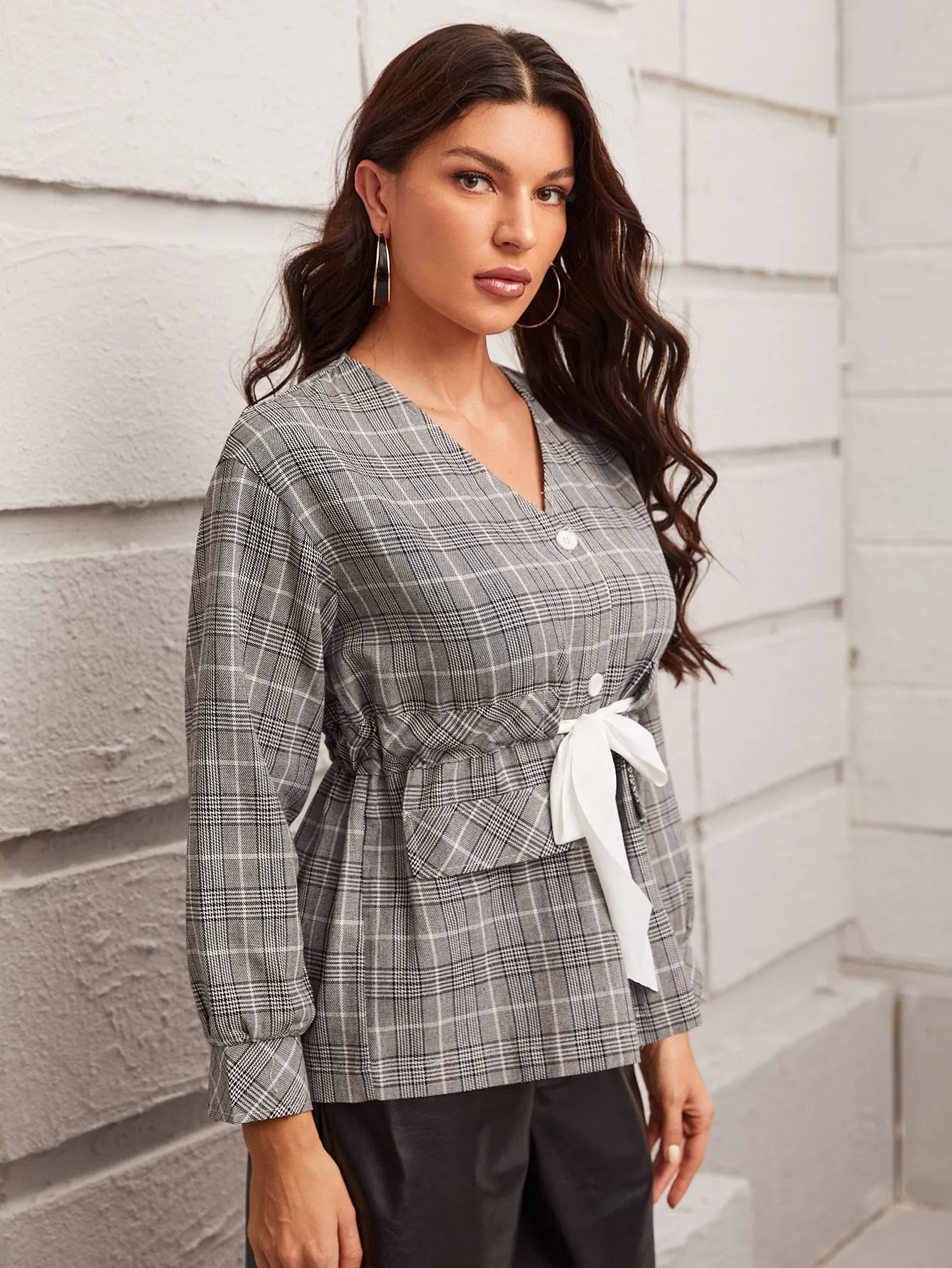 Casual Plaid Button Long Sleeve V Neck Flared Regular Women Coat