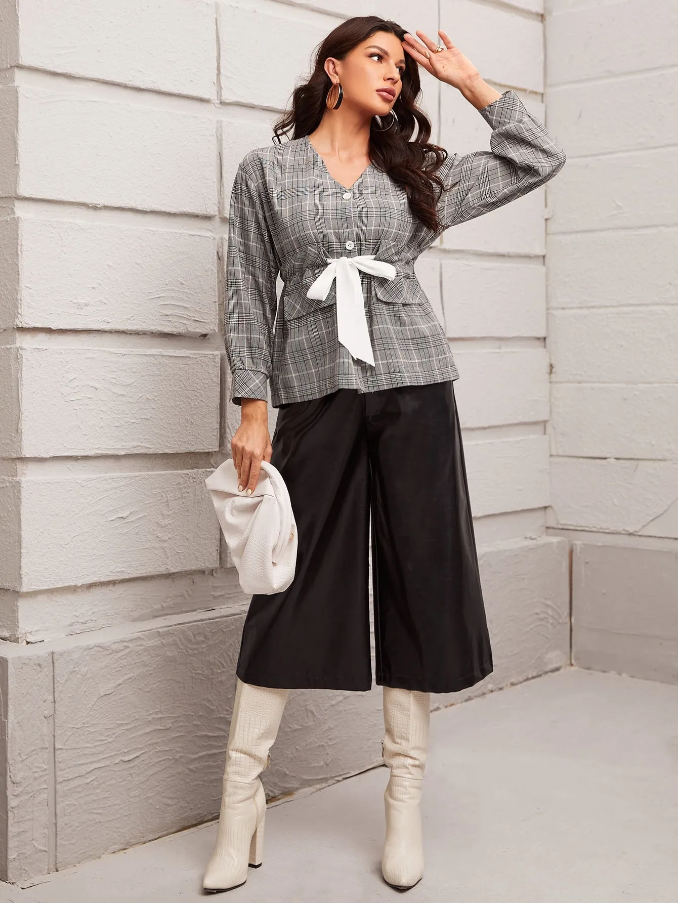 Casual Plaid Button Long Sleeve V Neck Flared Regular Women Coat