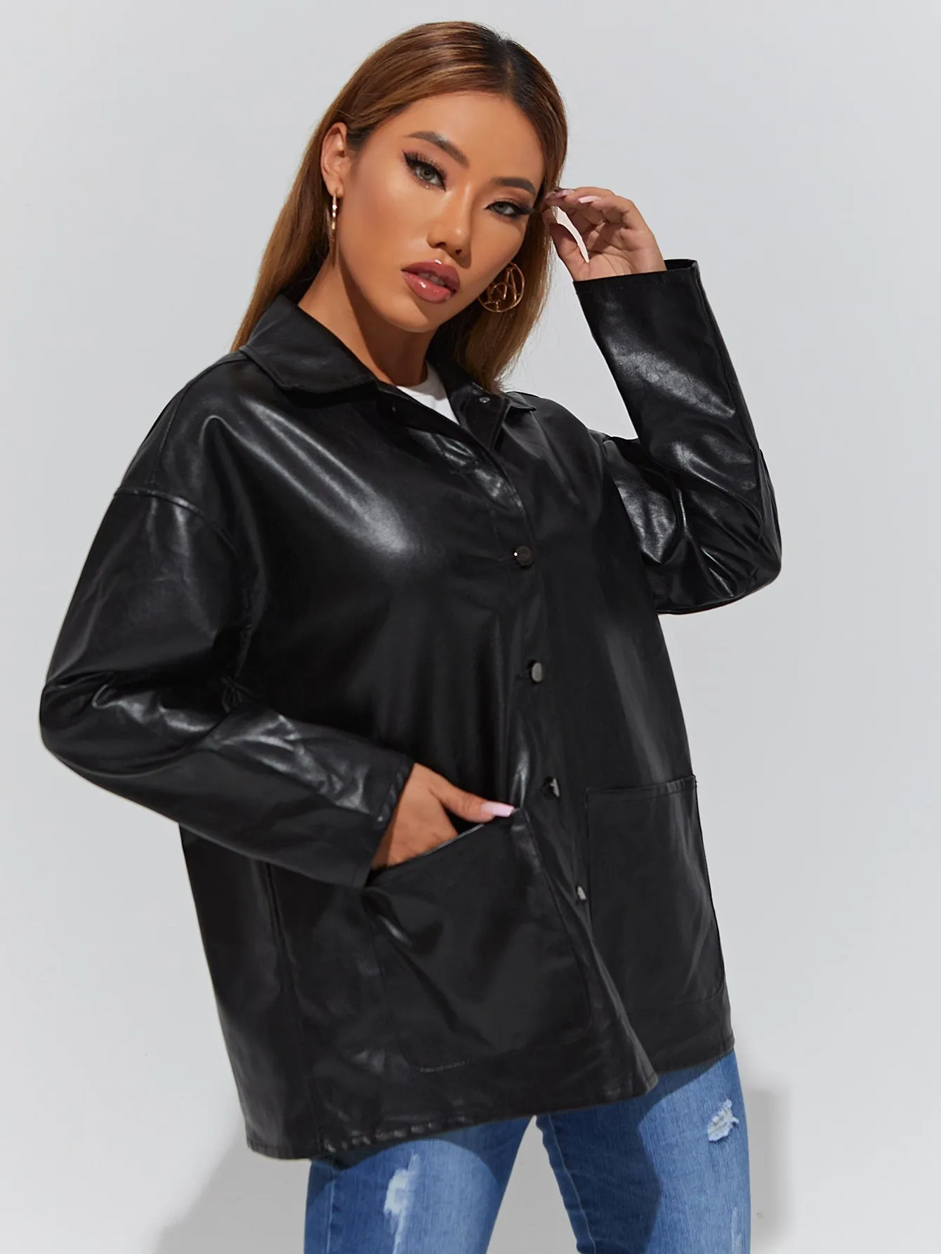 Casual Plain Button Front Long Sleeve Collar Long Womens Coat